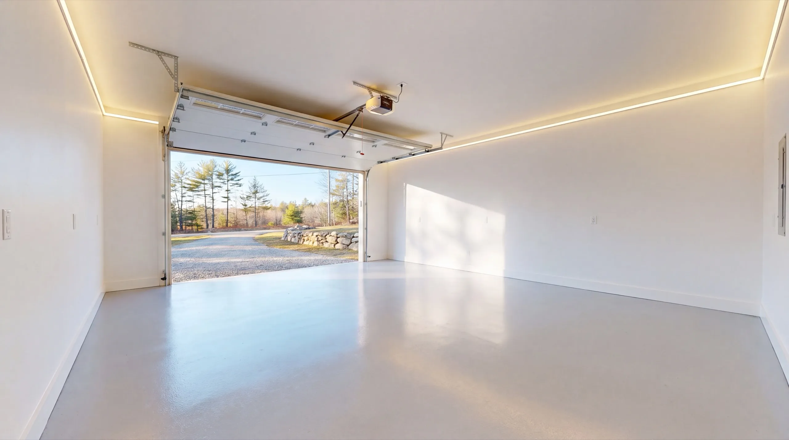 Garage remodeling in Monmouth, ME: finished garage interior with white walls, coated floor and the door open