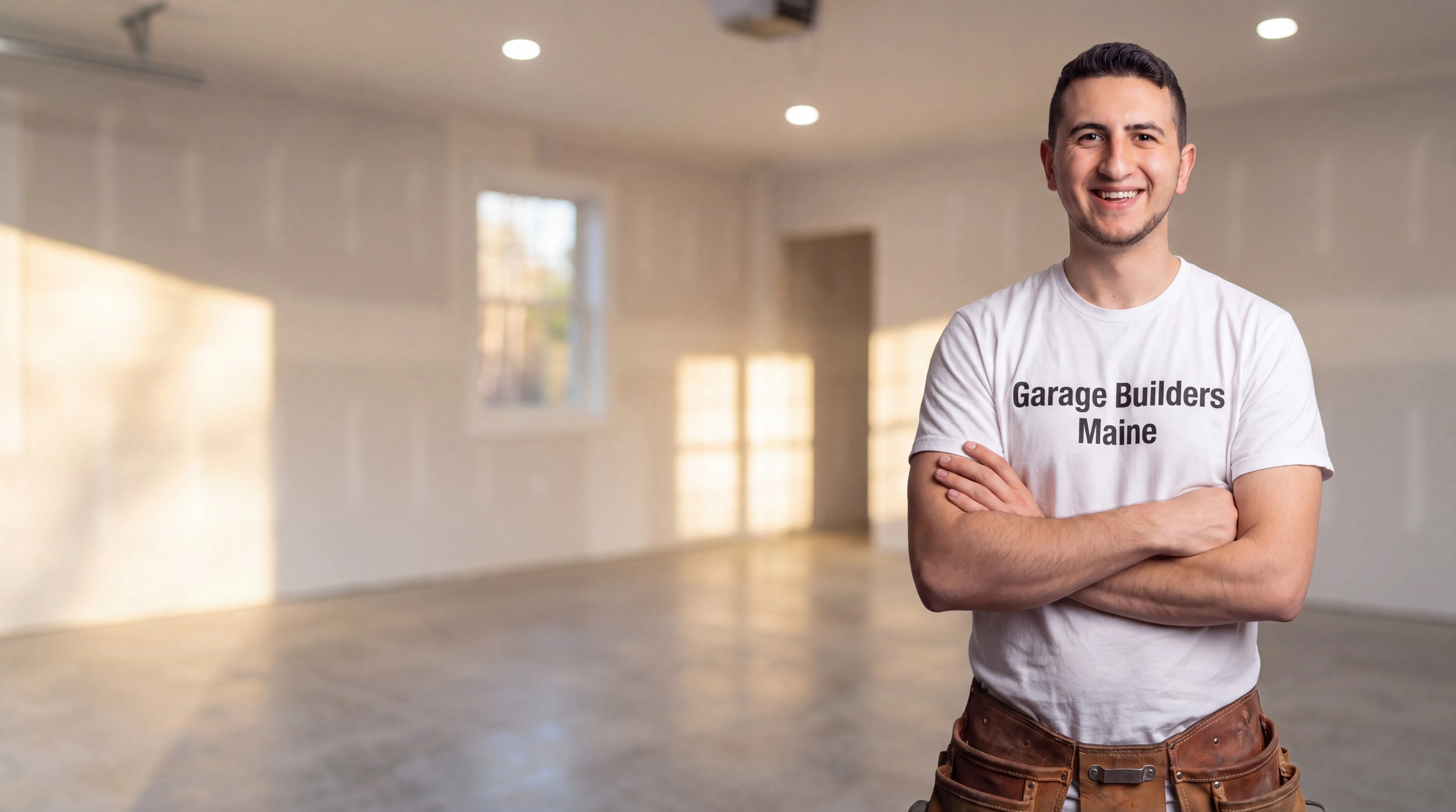 Owner of Garage Builders Maine standing with his arms crossed and smiling at a Maine job site