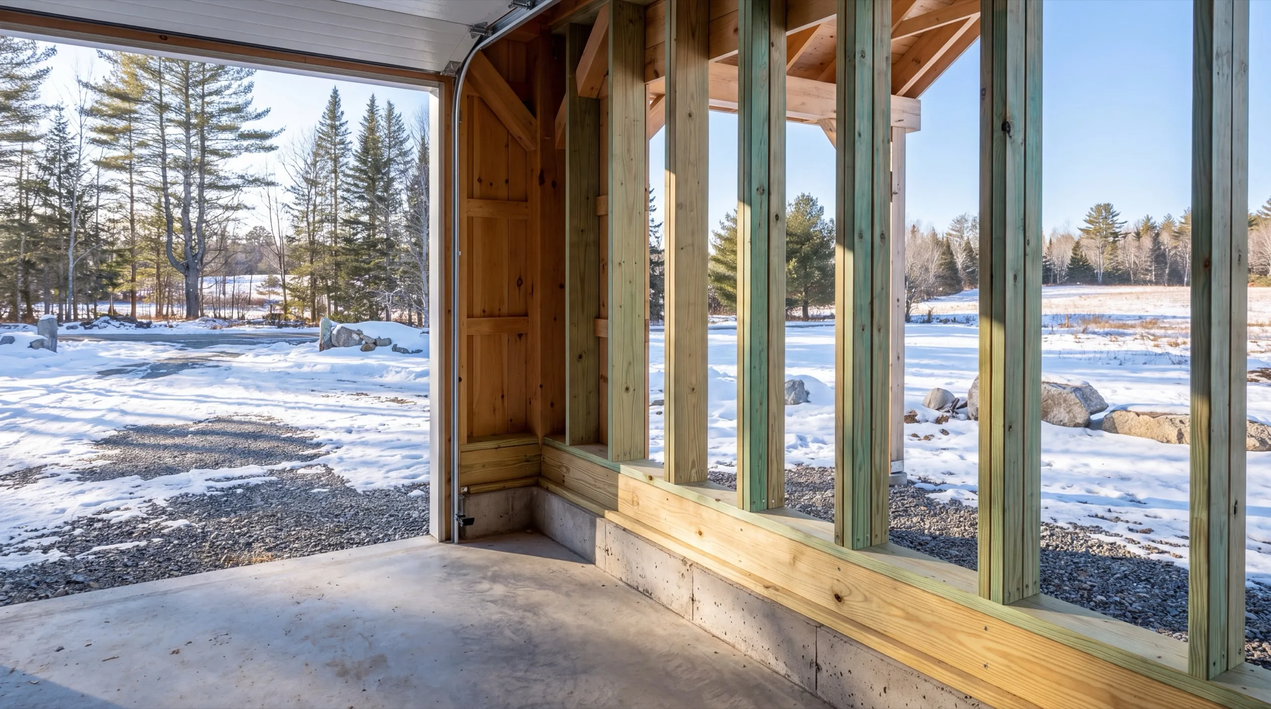 Garage remodeling contractor Monmouth Maine: new pressure-treated sill and studs on a concrete garage foundation wall