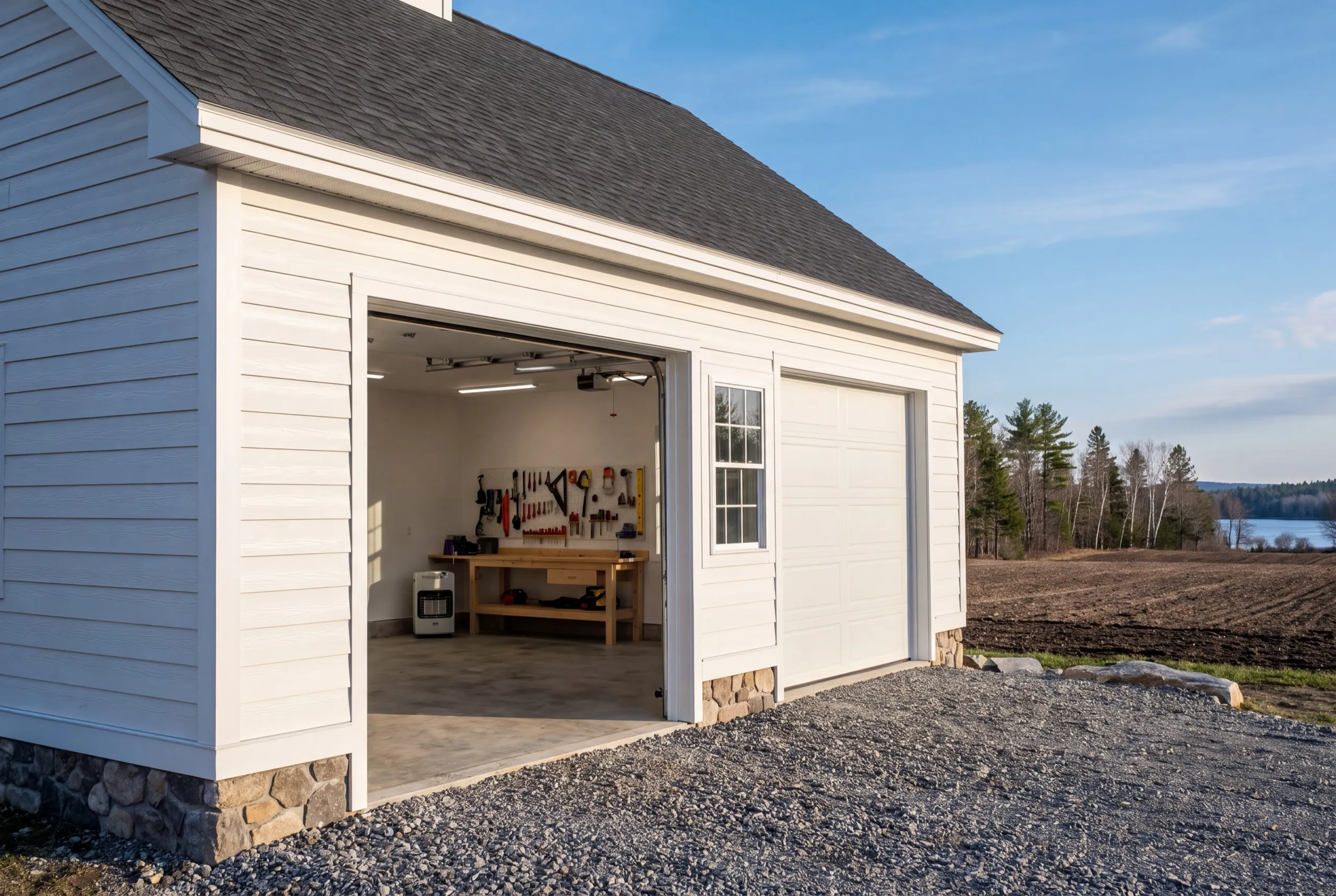 Garage remodeling contractor Pittston Maine: white garage with one bay open to a workshop with a workbench and pegboard