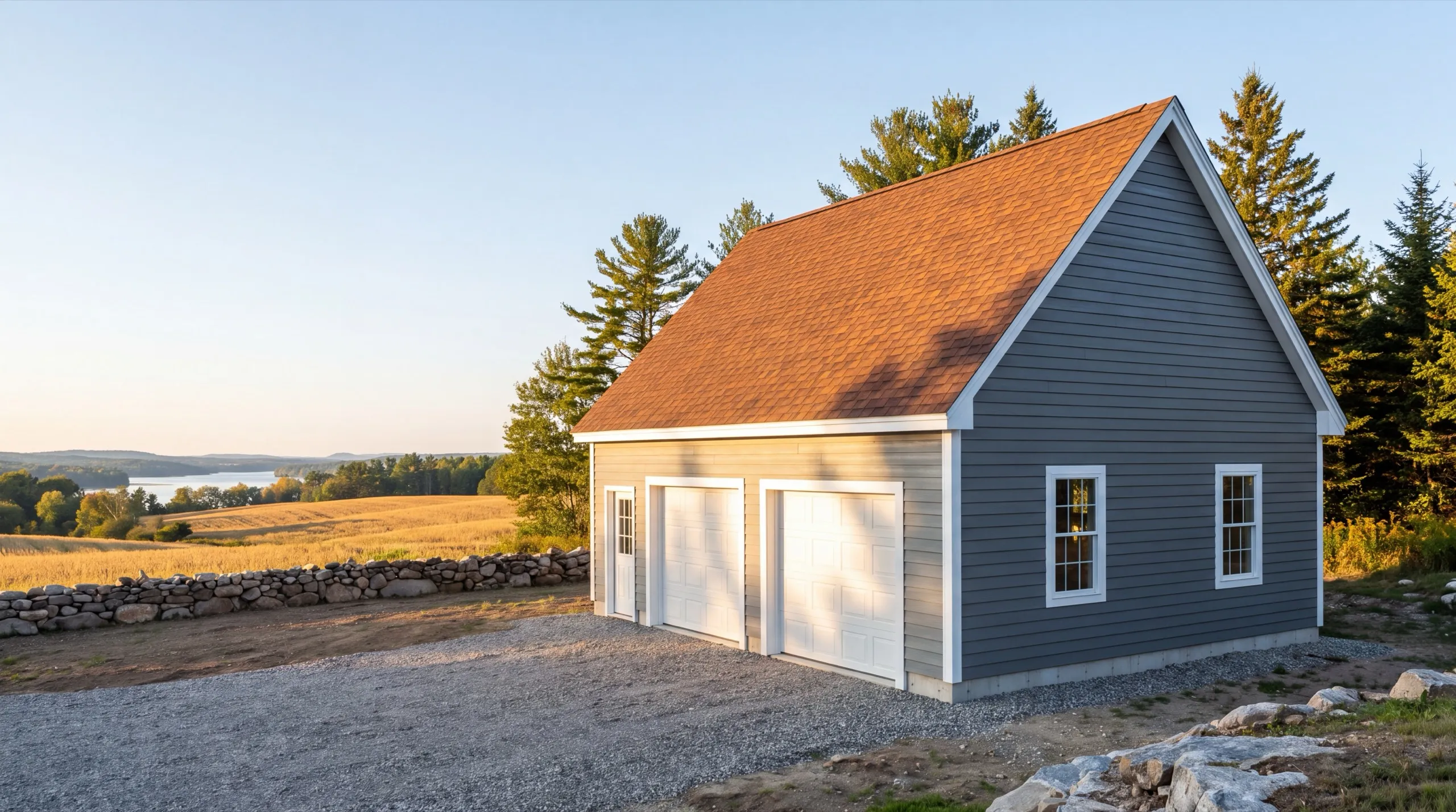 Garage remodeling Pittston Maine: gray two-bay garage with white doors on a hillside above fields and a lake