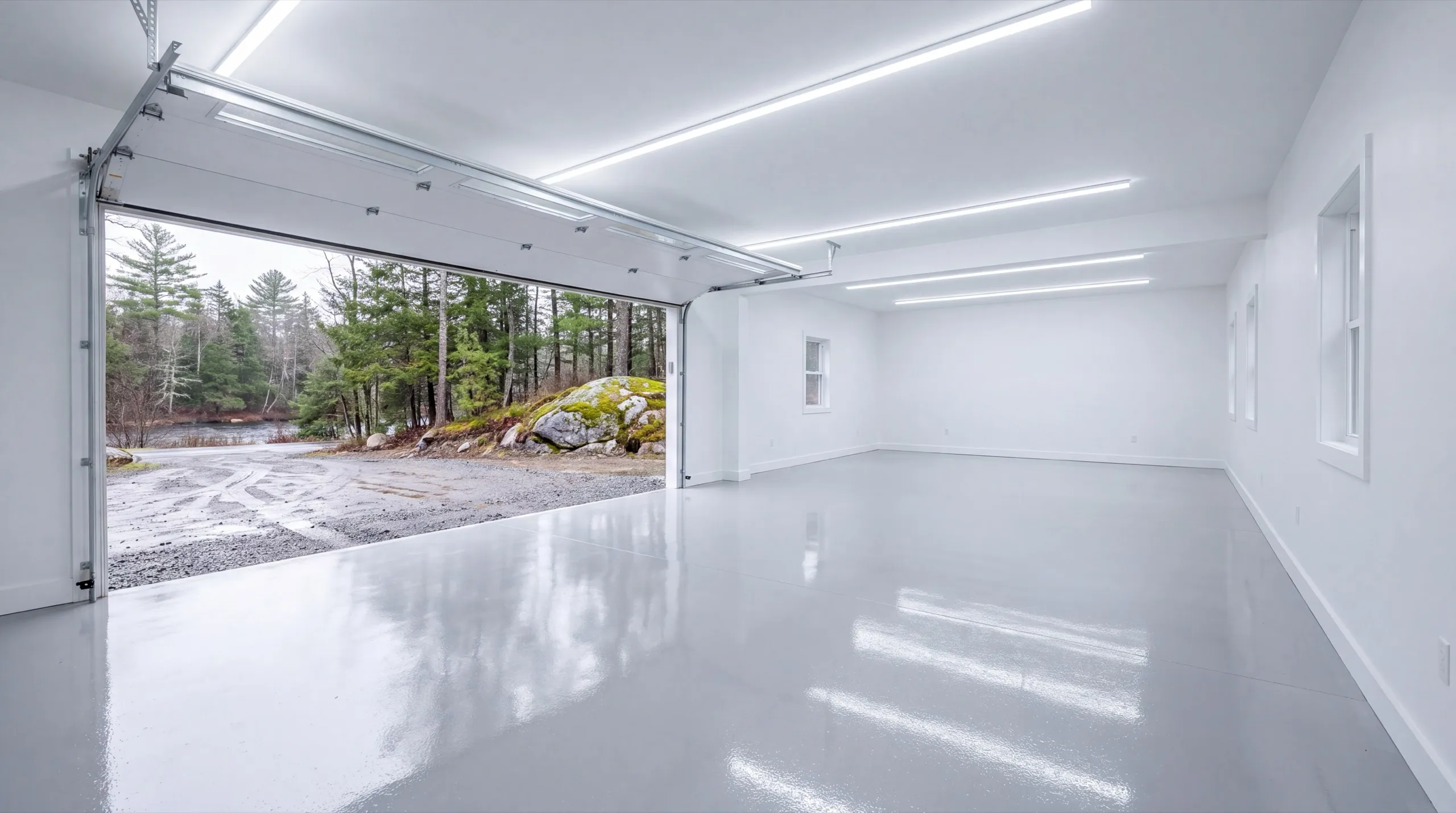 Garage remodeling in Pittston, ME: finished garage interior with white walls, glossy coated floor and the door open
