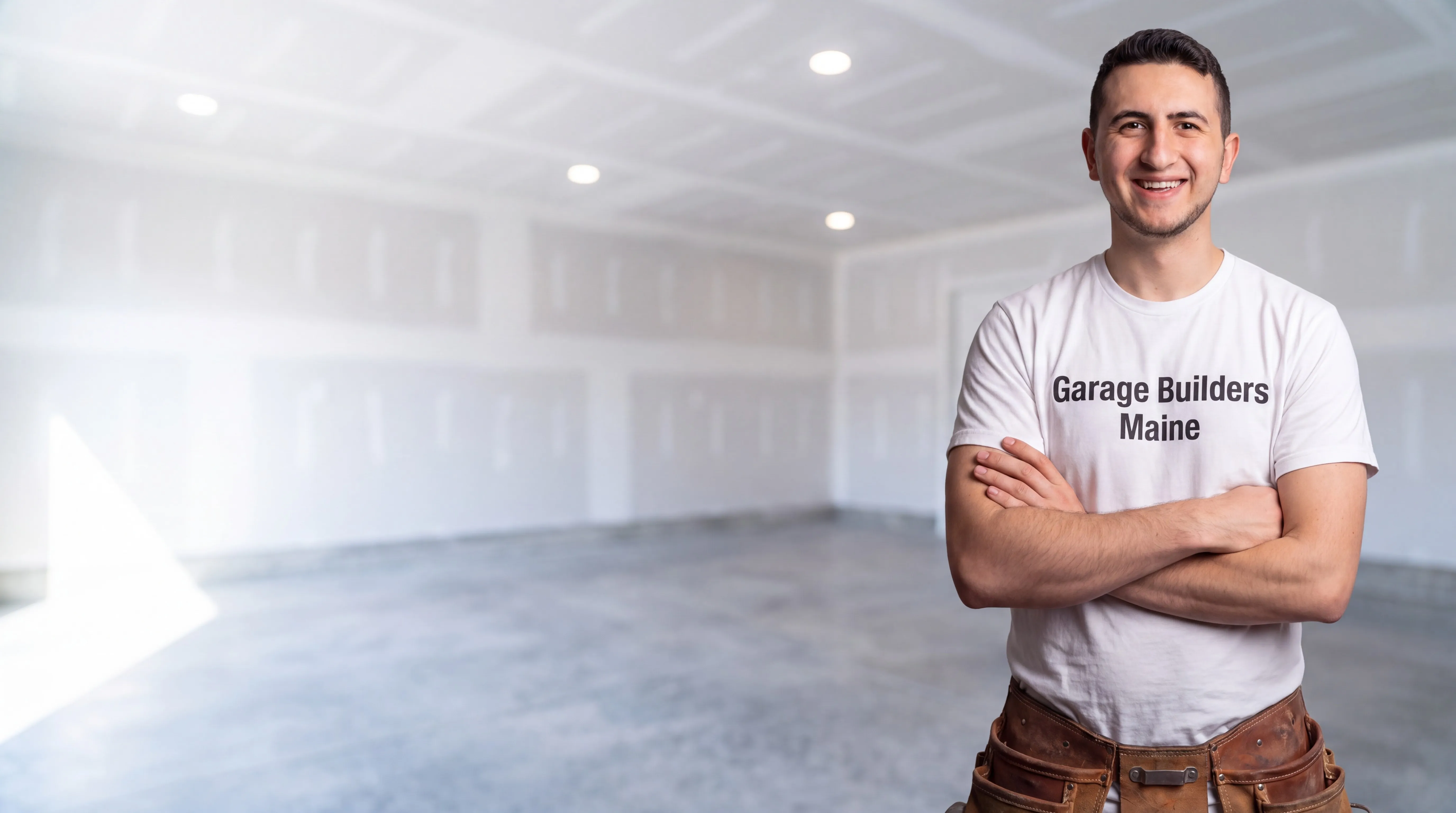 Owner of Garage Builders Maine standing with his arms crossed and smiling at a Maine job site