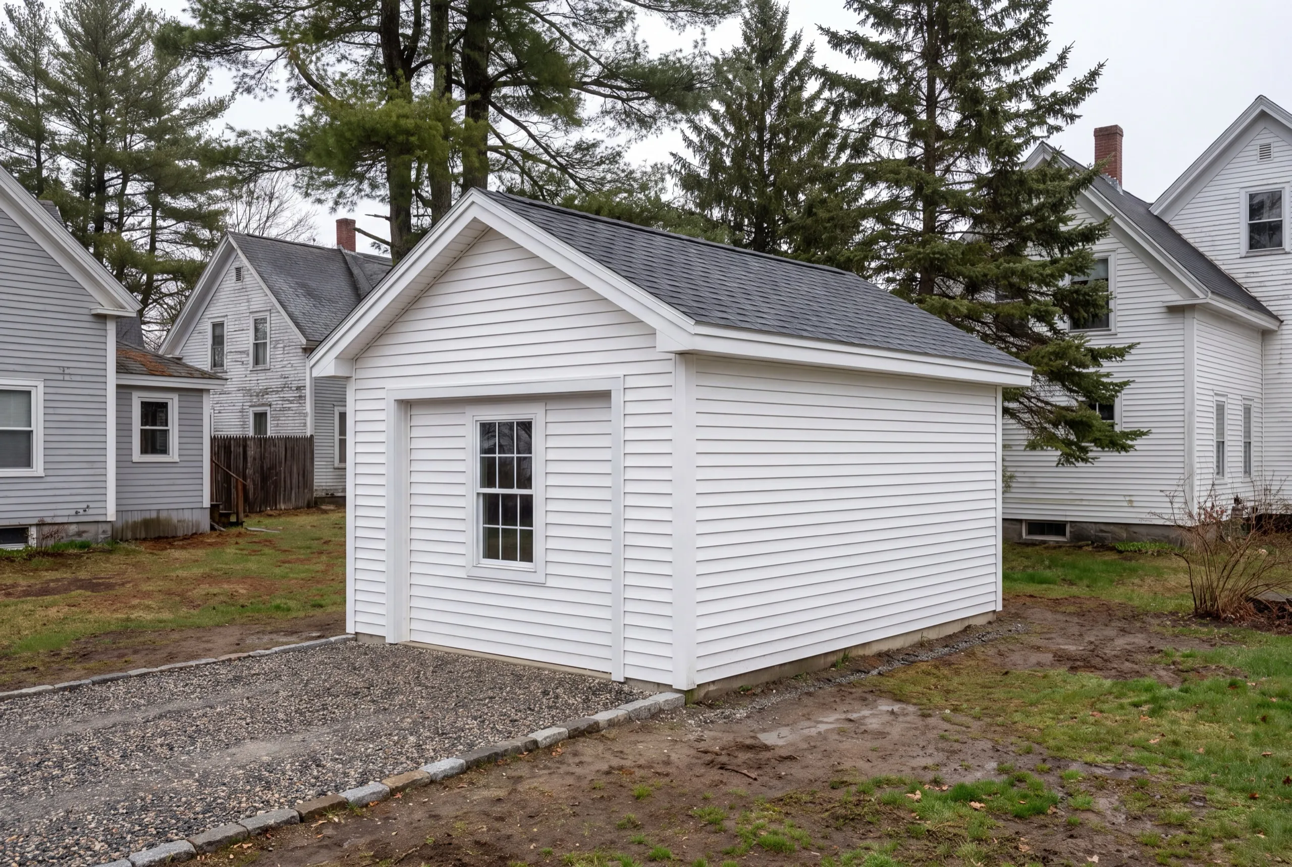 Garage remodeling contractor Randolph Maine: small white garage with its door opening closed in around a new window