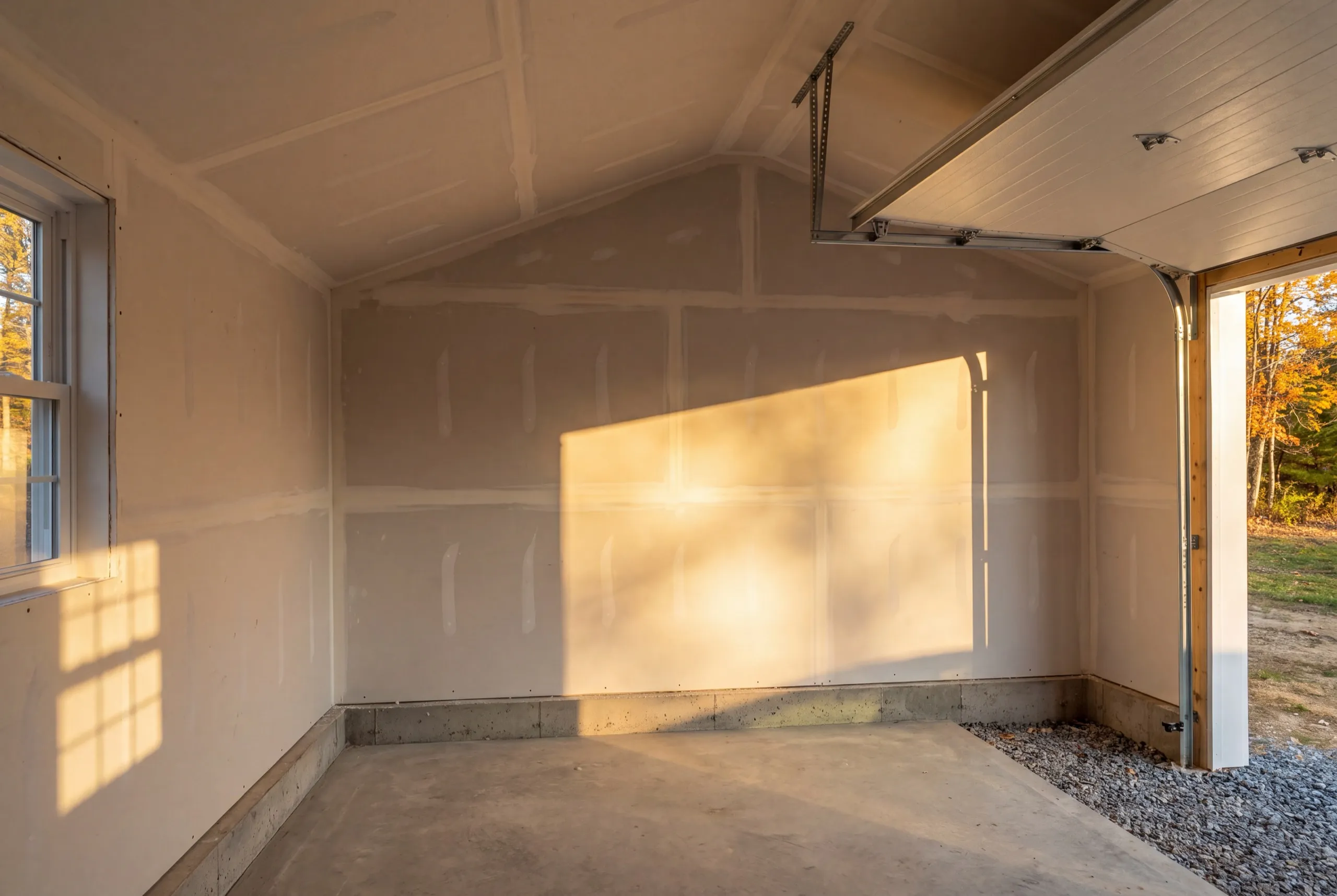 Garage renovation contractor Randolph Maine: single-bay garage interior with drywall hung and taped, door open