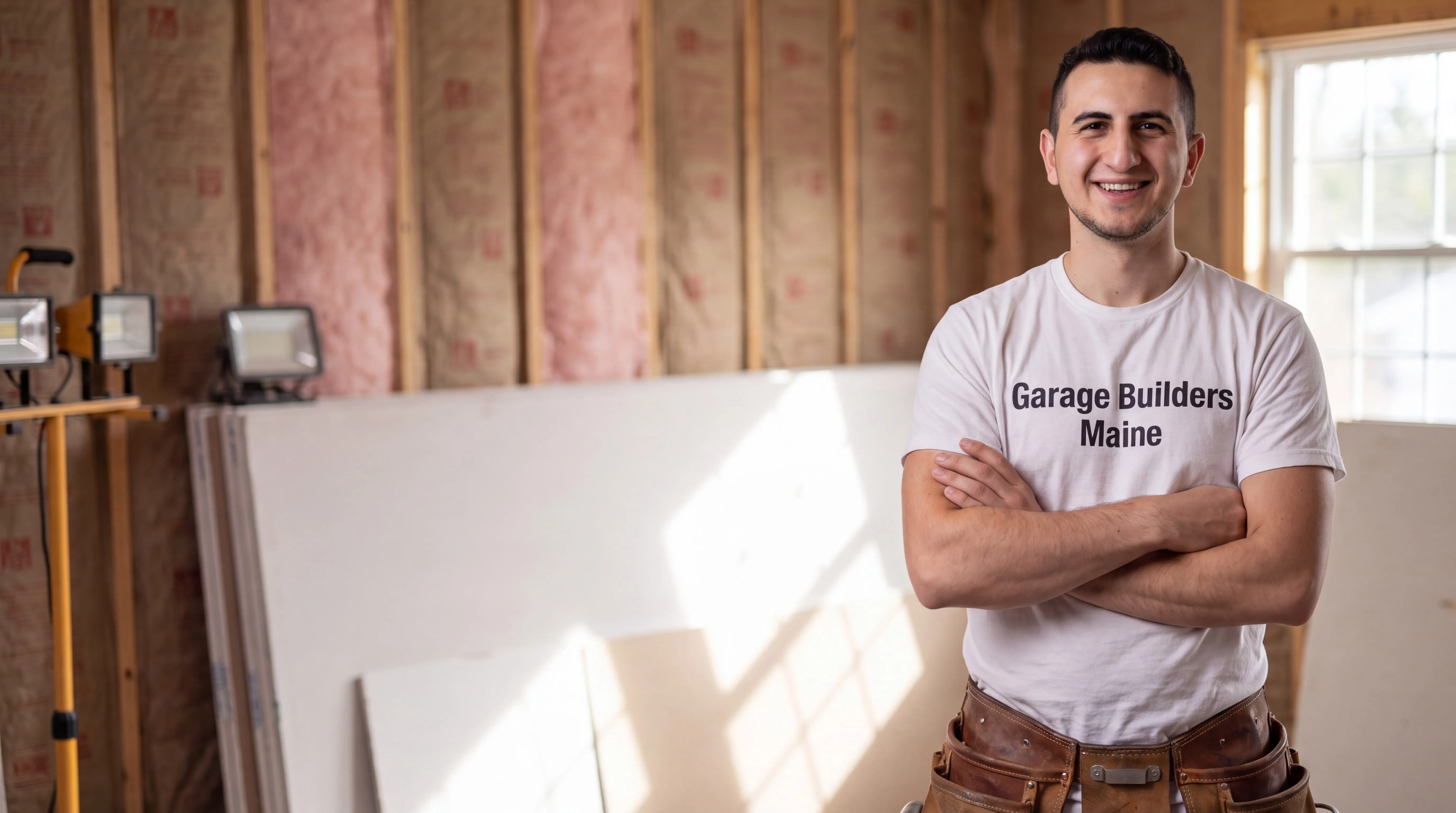 Owner of Garage Builders Maine standing with his arms crossed and smiling at a Maine job site