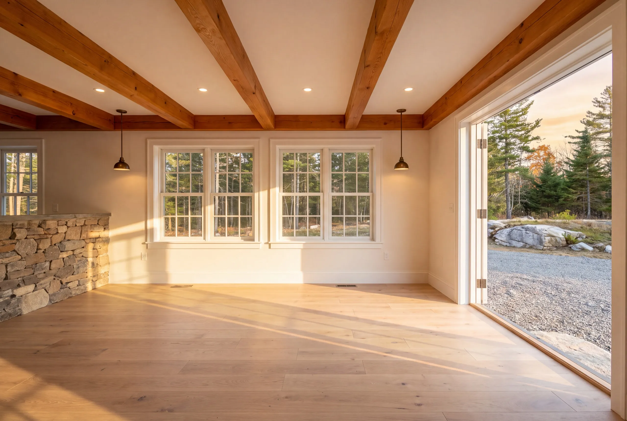 Garage remodeling contractor Richmond Maine: finished living room with timber ceiling beams, wood floors and a stone half wall
