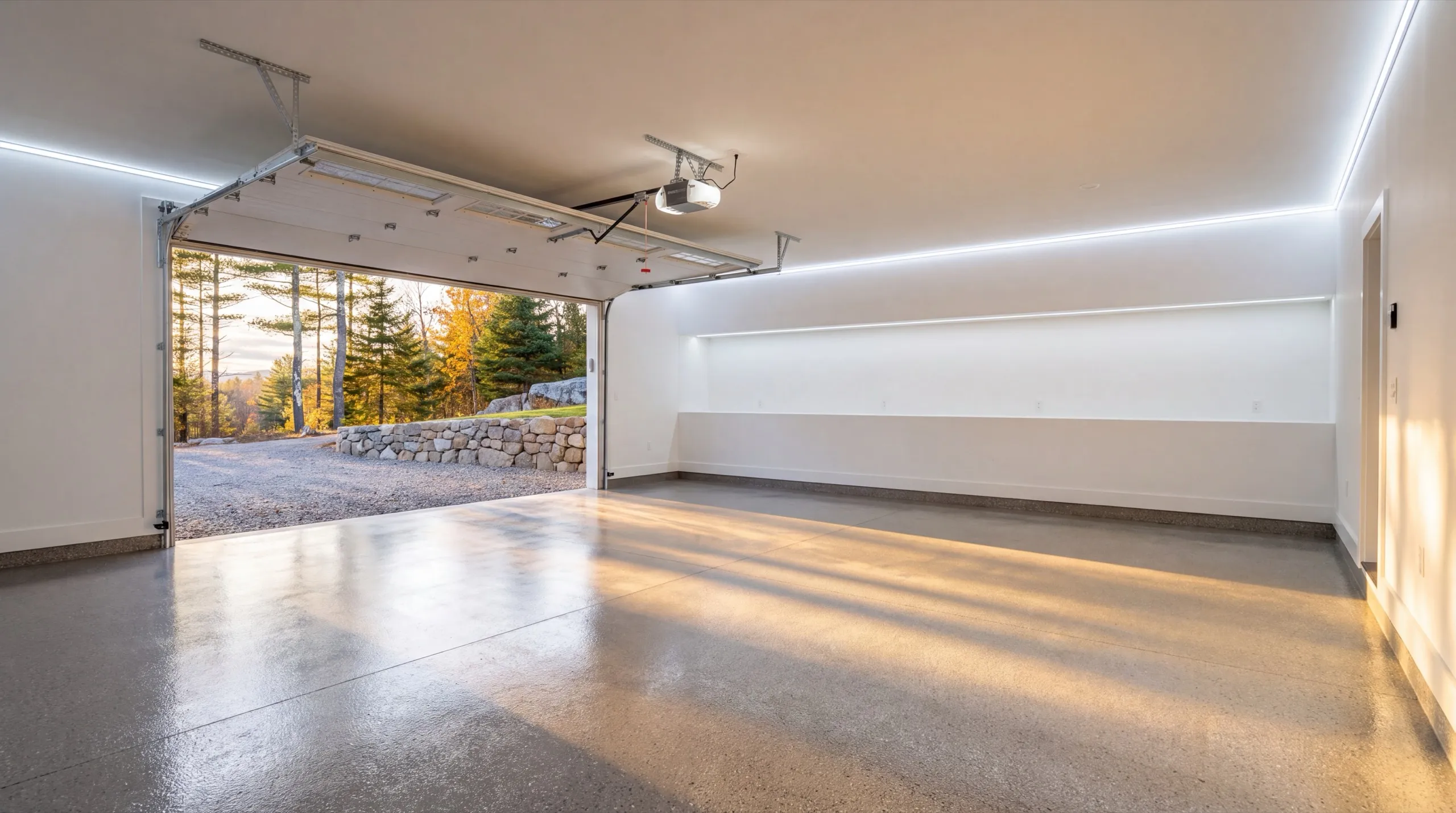 Garage remodeling in Richmond, ME: finished garage interior with a flake-coated floor, white walls and the door open