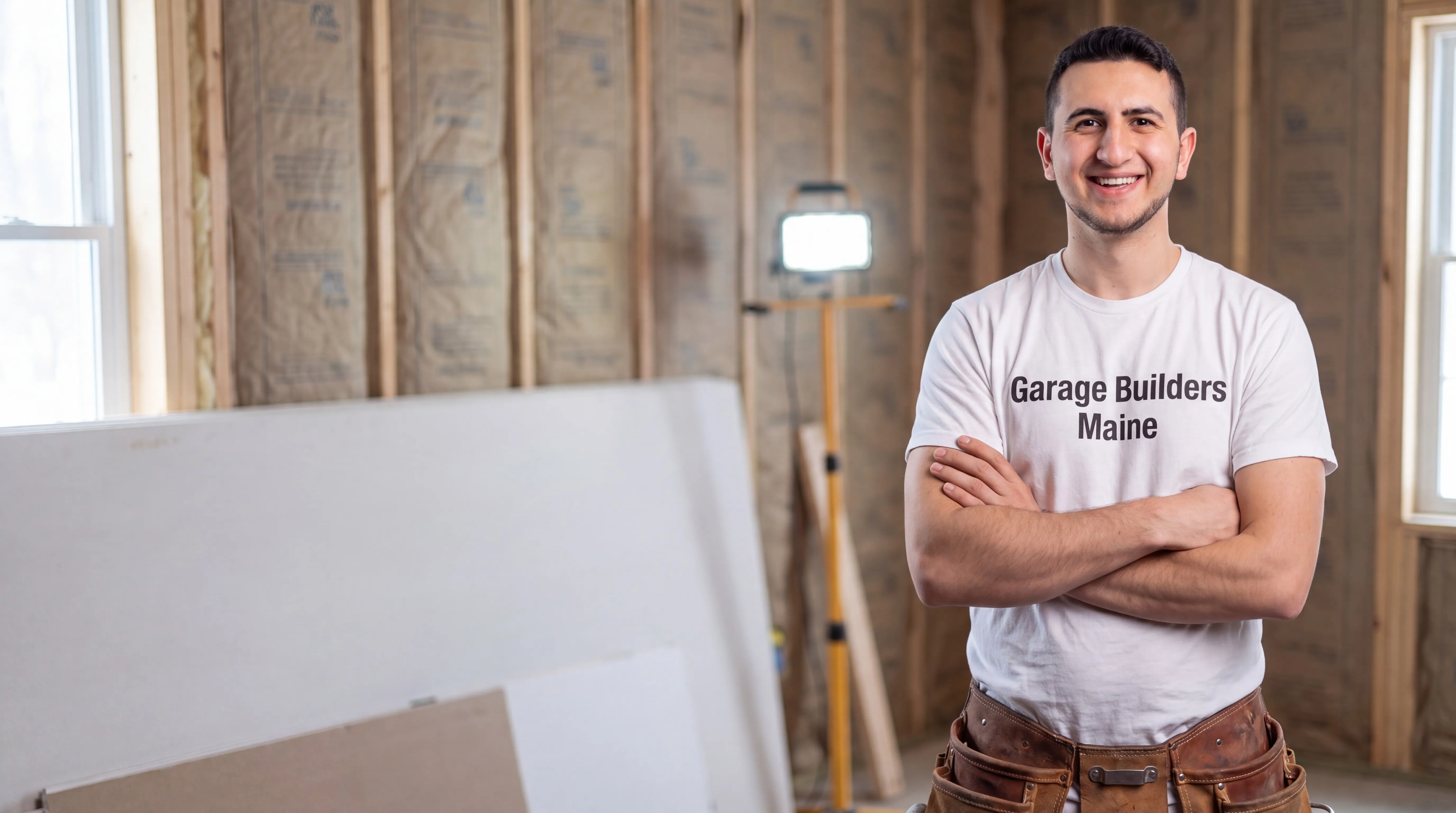 Owner of Garage Builders Maine standing with his arms crossed and smiling at a Maine job site