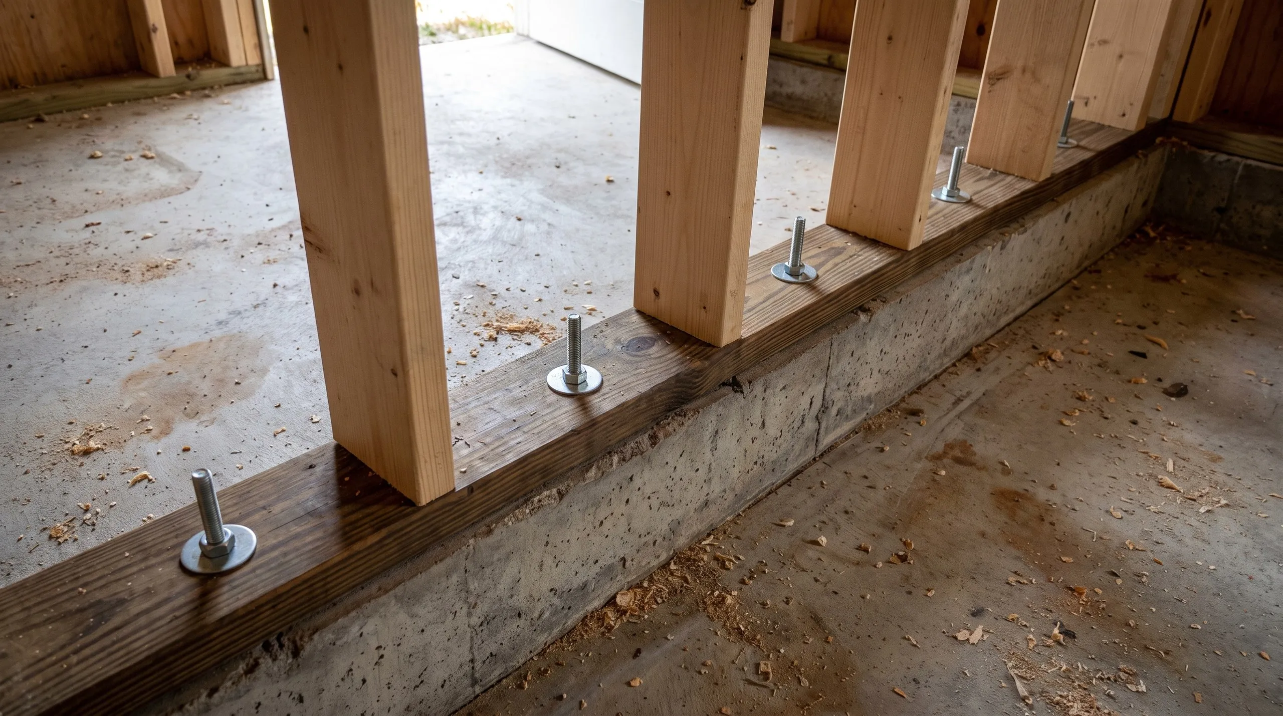Garage remodeling contractor Richmond Maine: new studs on a pressure-treated sill with anchor bolts, nuts and washers on a concrete curb