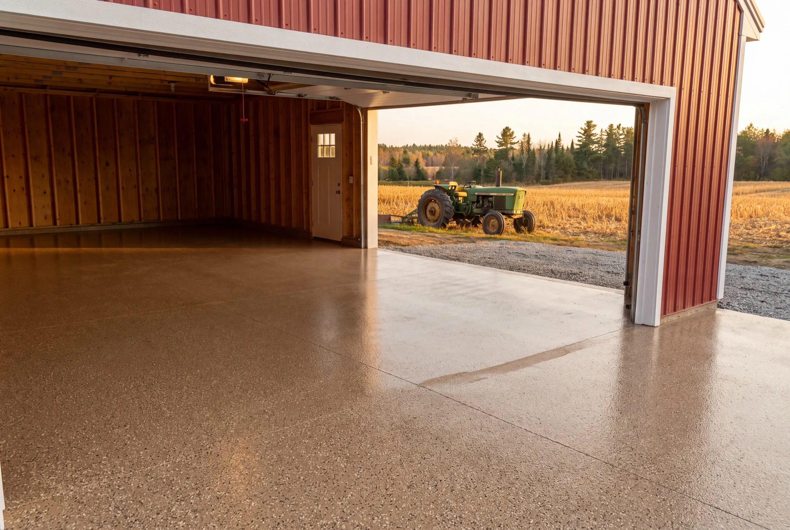 Garage remodeling Sidney Maine: red metal-sided garage with a flake-coated floor and the door open to a field