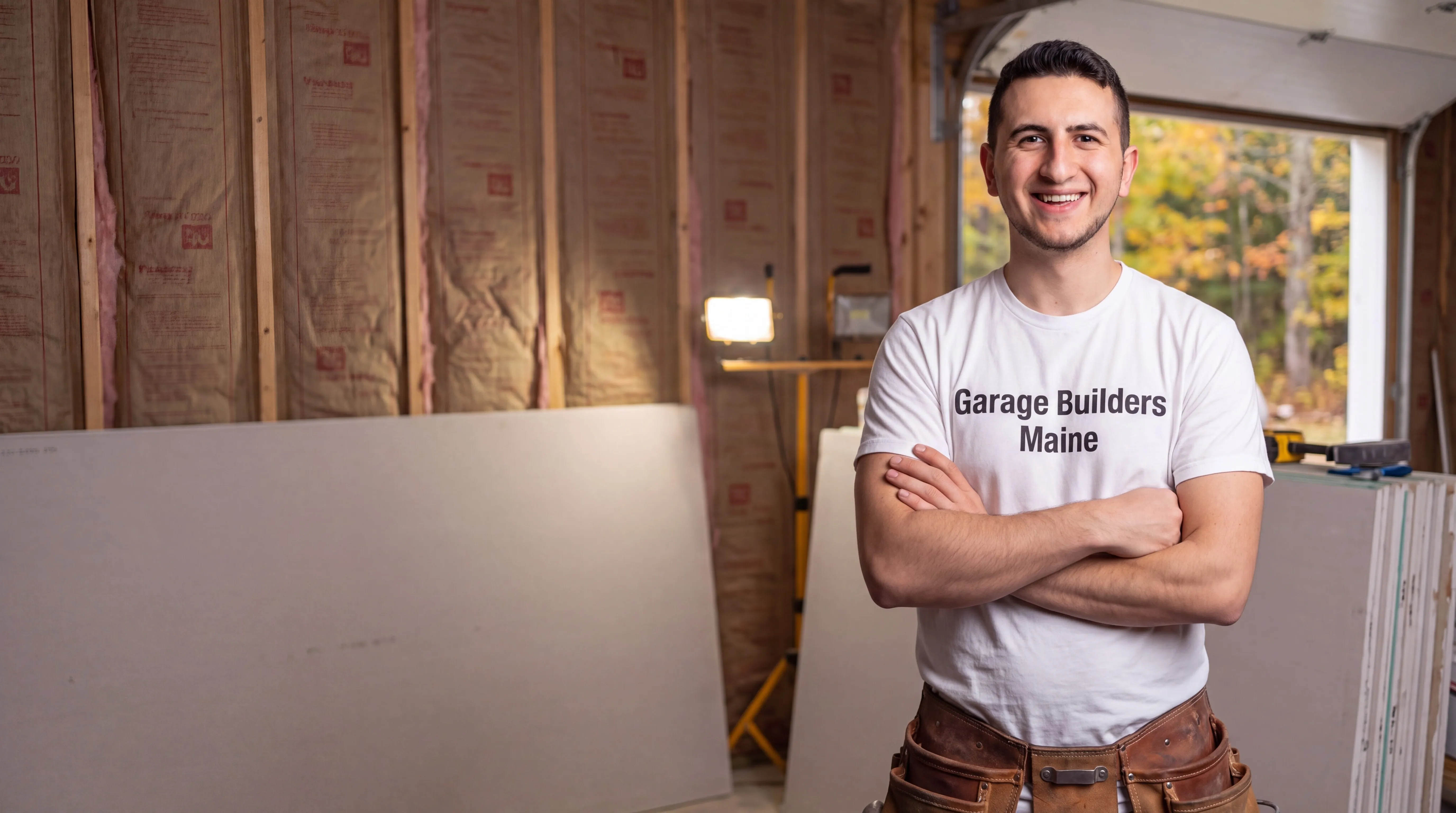Owner of Garage Builders Maine standing with his arms crossed and smiling at a Maine job site