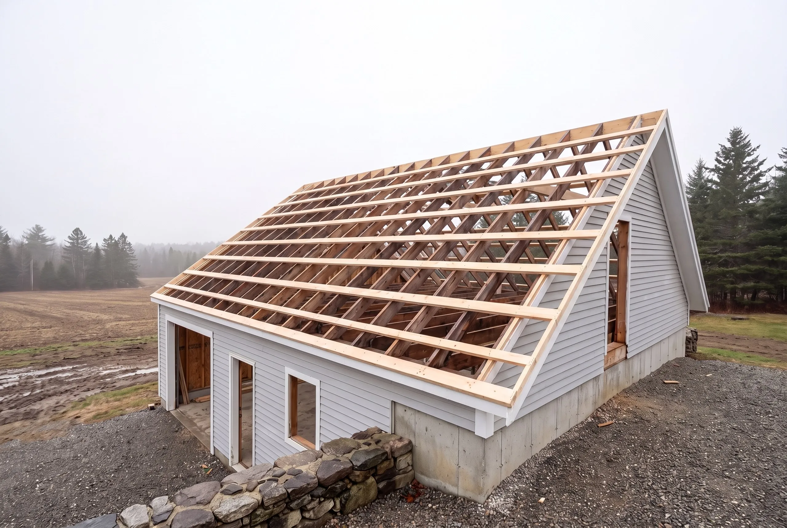 Garage remodeling contractor Sidney Maine: gray-sided garage with its roof opened to old rafters under new strapping