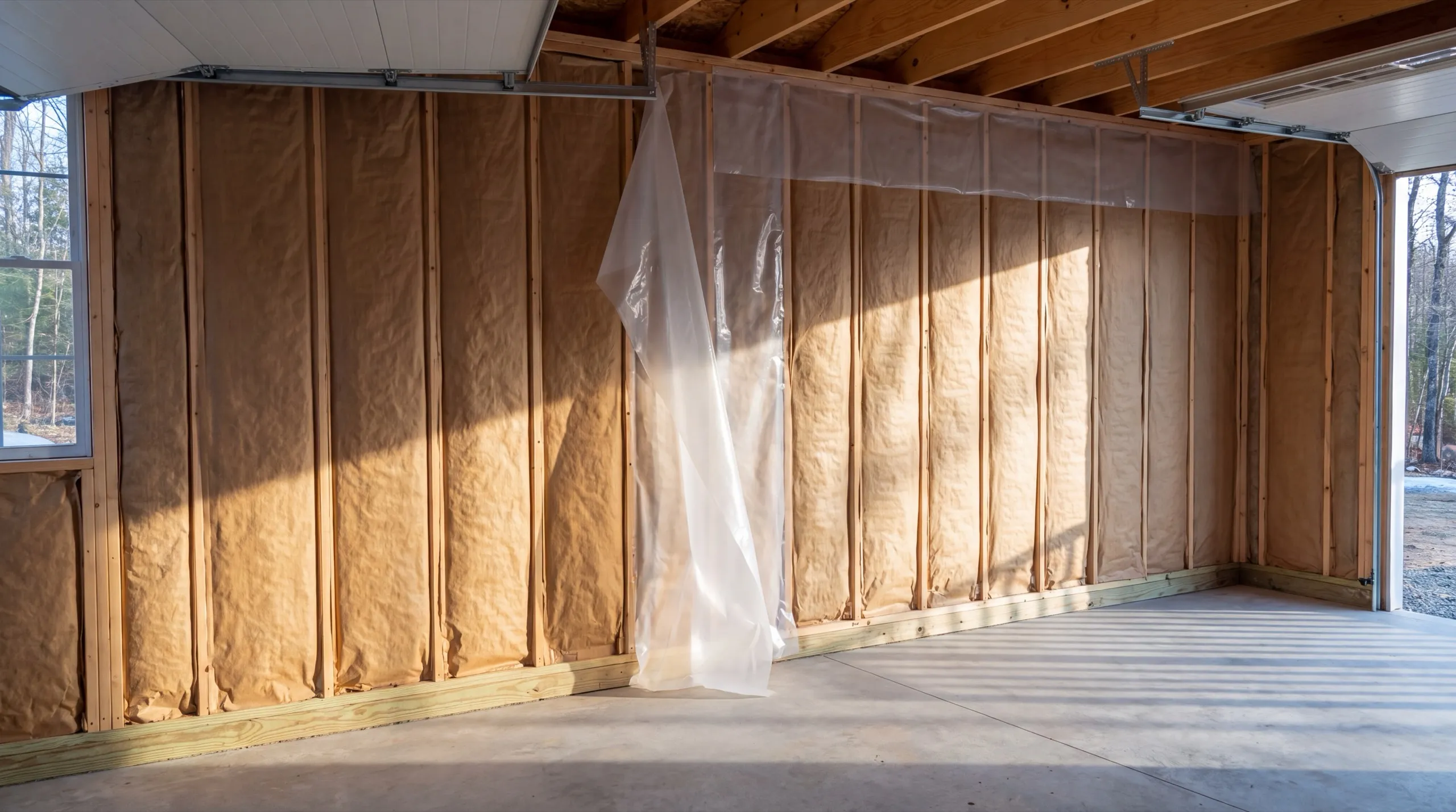 Garage remodeling contractor Vassalboro Maine: faced batt insulation and plastic sheeting going onto garage stud walls