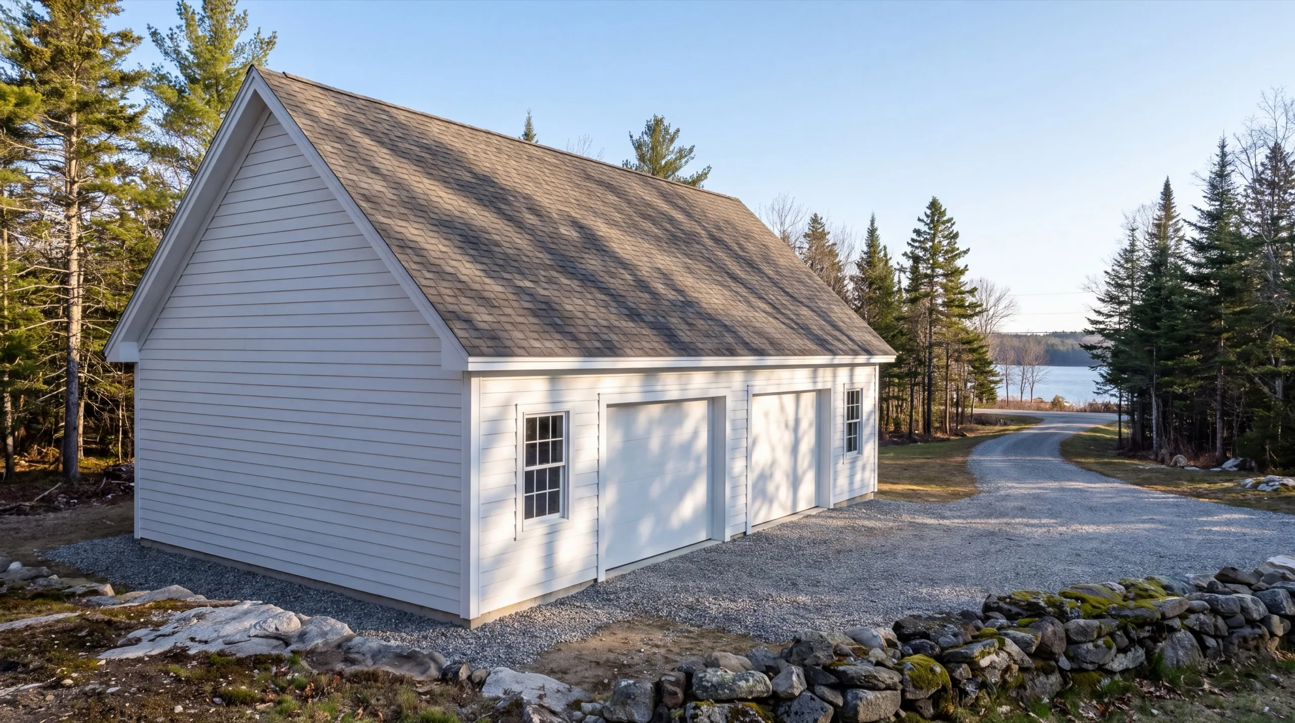 Garage renovation contractor Vassalboro Maine: white two-bay garage with white doors and a window on a gravel drive