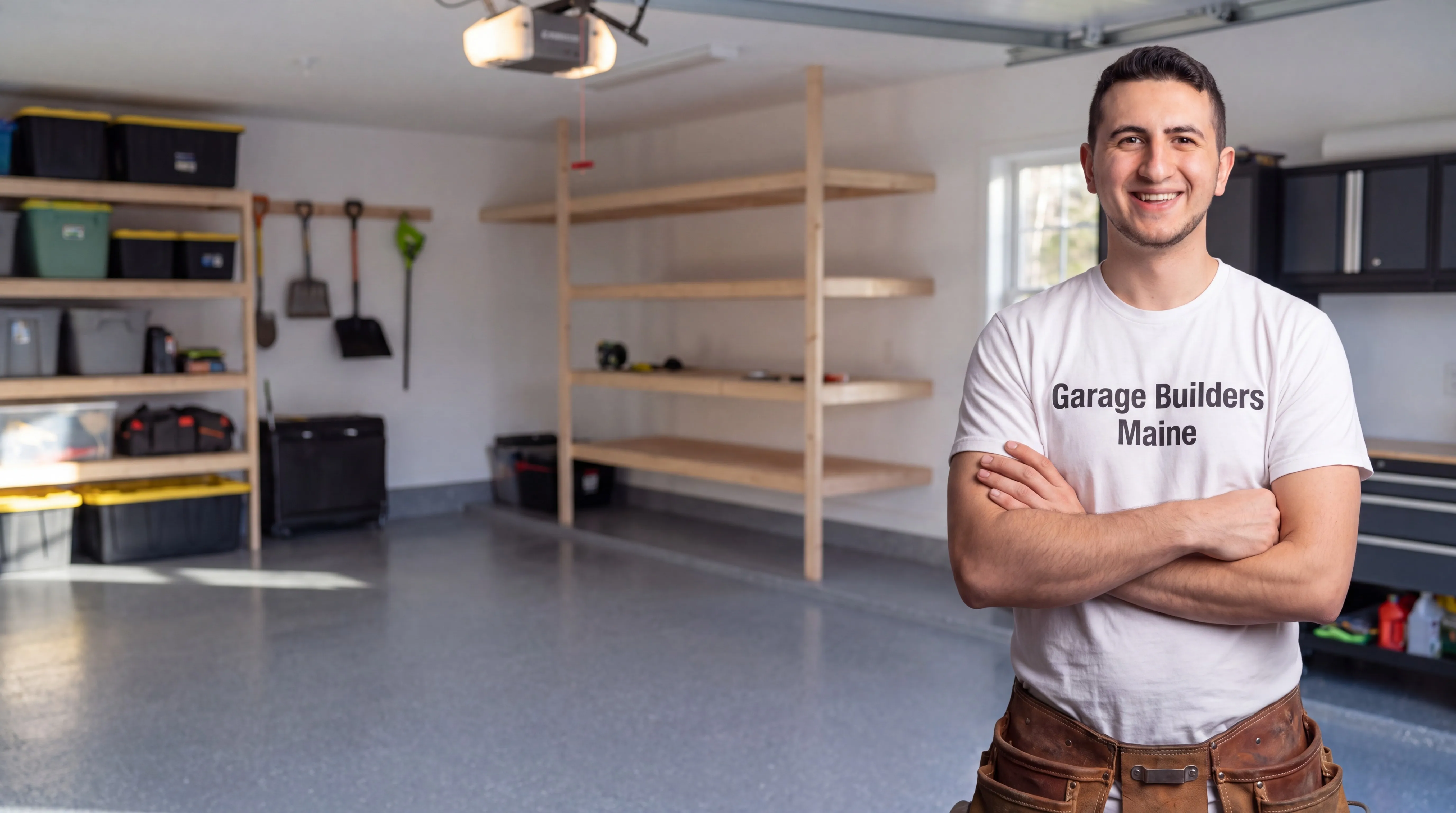 Owner of Garage Builders Maine standing with his arms crossed and smiling at a Maine job site