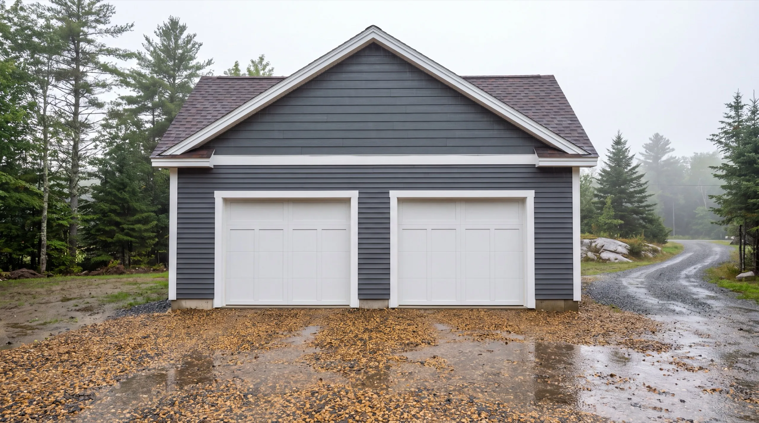 Garage remodeling Vassalboro Maine: gray two-bay garage with white carriage doors on a wet gravel drive