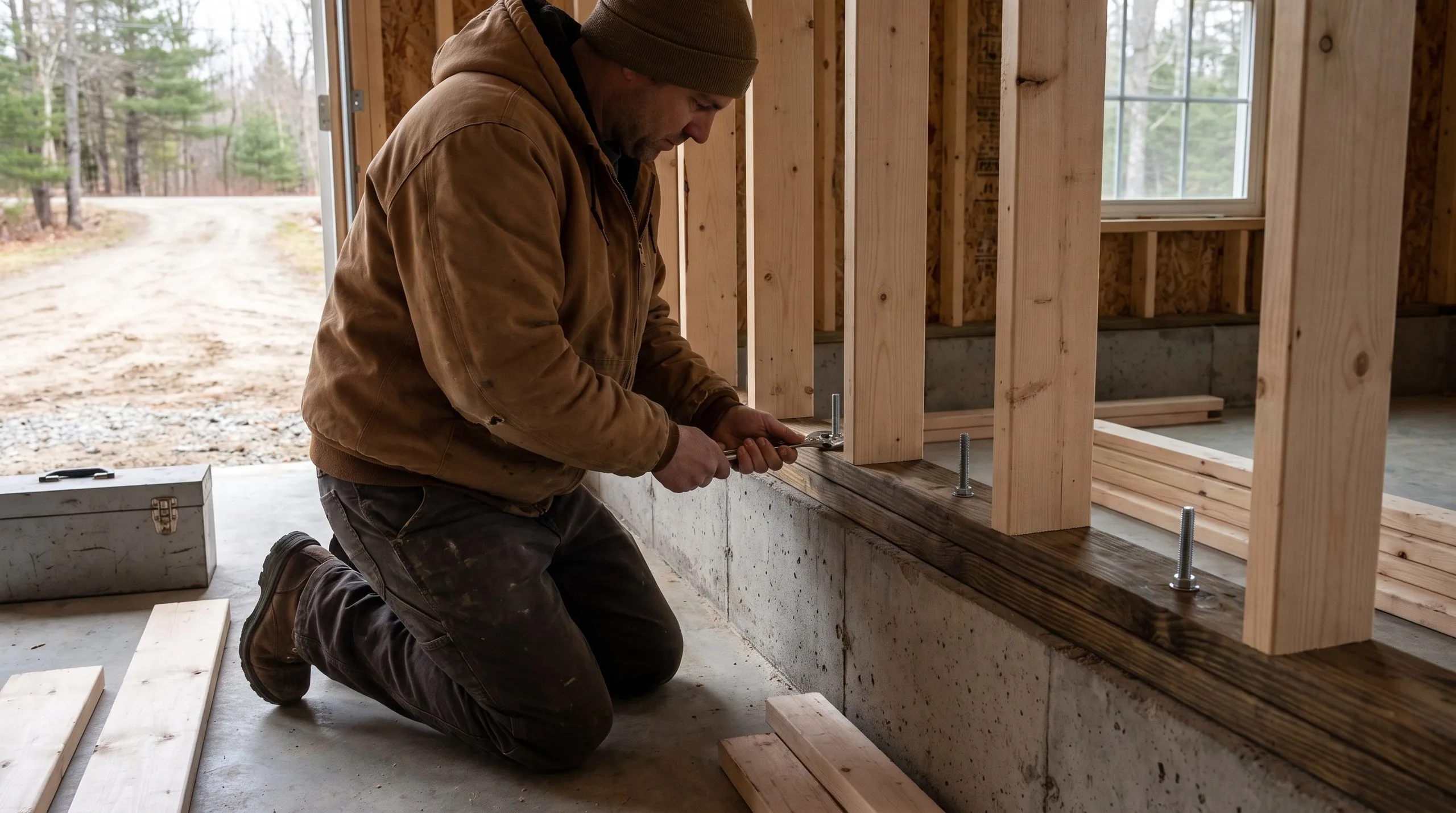 Garage remodeling contractor Vassalboro Maine: worker bolts a dark sill under new studs onto a concrete stem wall, garage door open