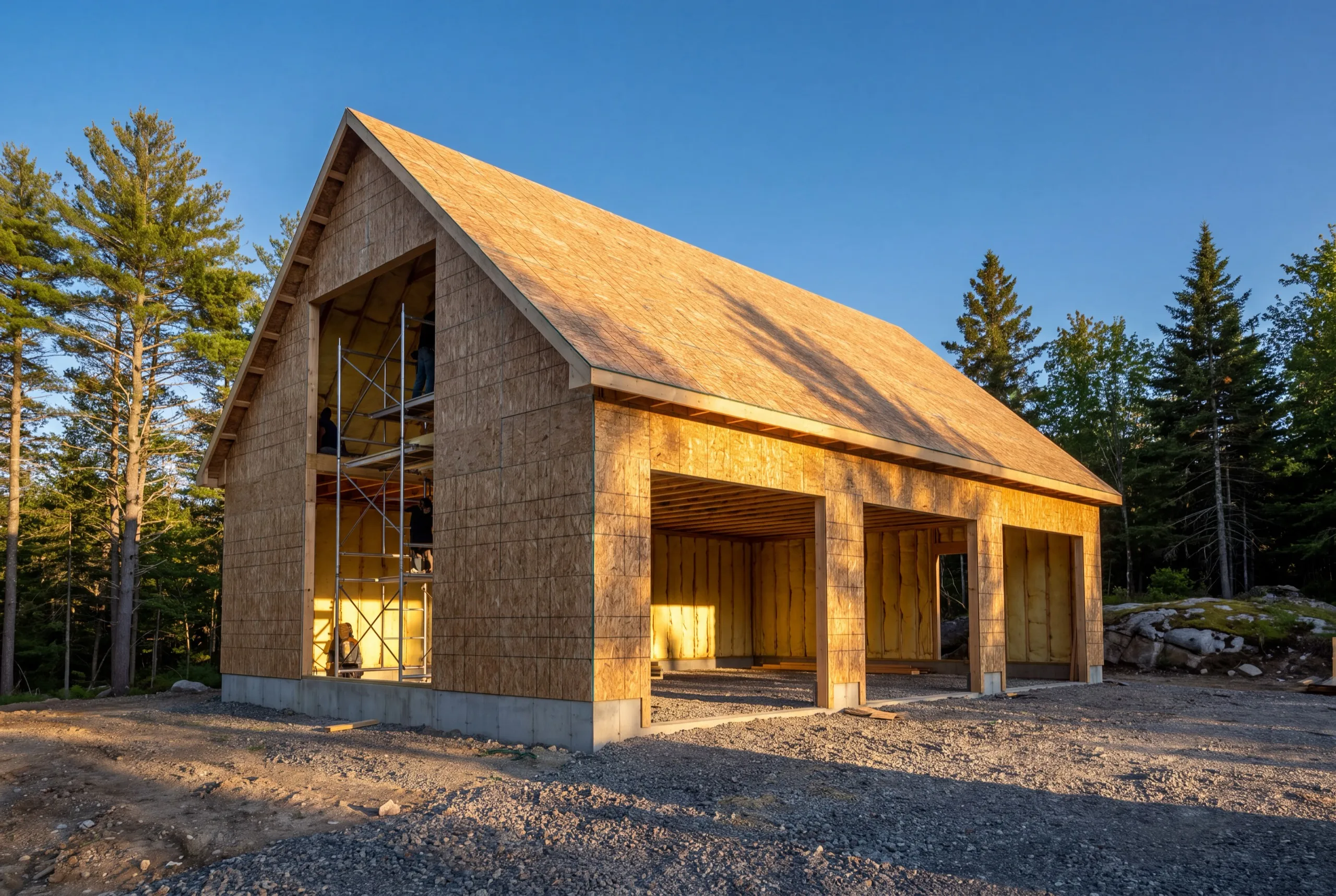 Garage remodeling contractor West Gardiner Maine: sheathed three-bay garage with insulated walls and workers on scaffolding inside