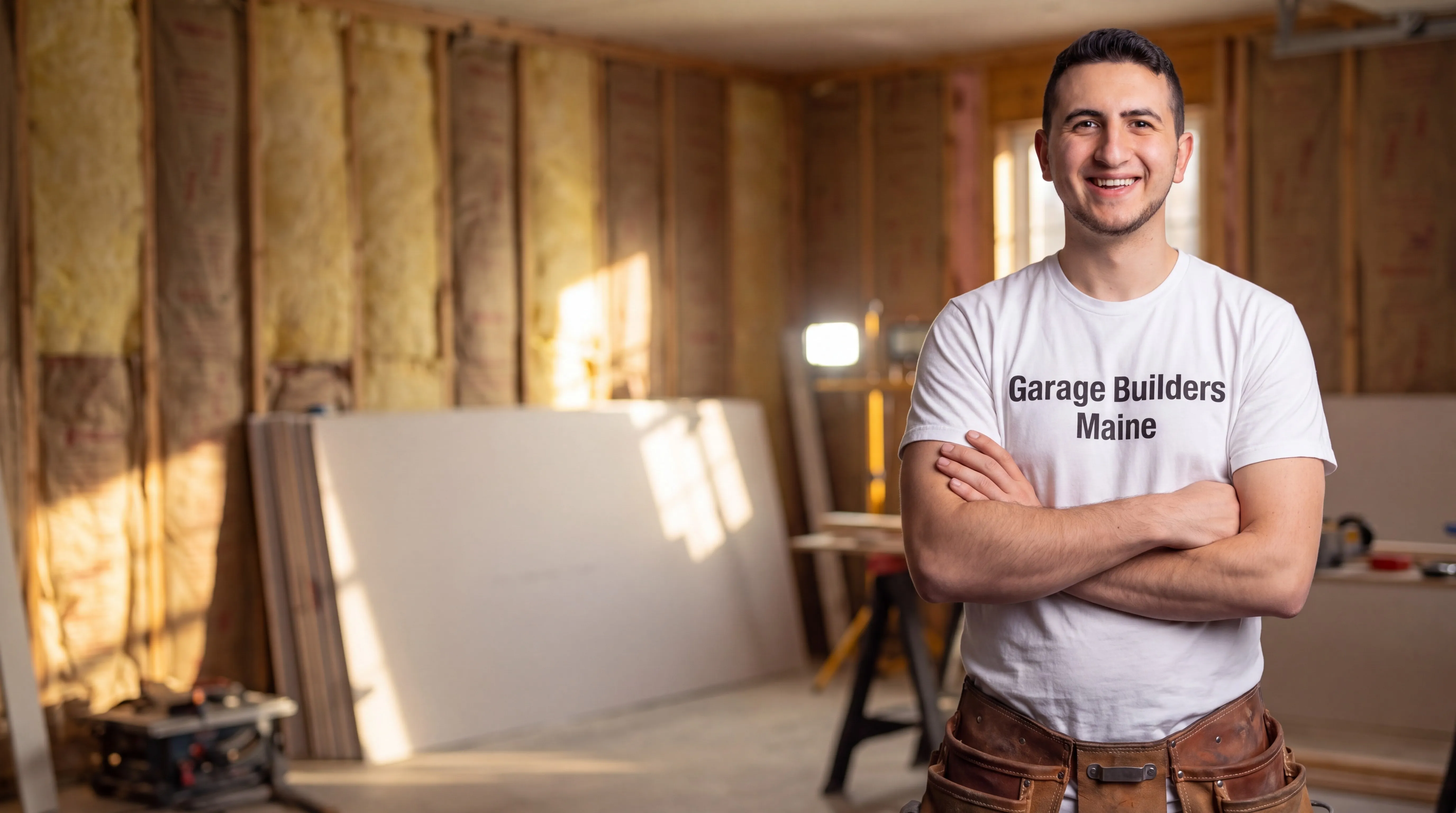Garage remodeling West Gardiner Maine: owner with arms crossed in front of insulated walls and stacked drywall sheets