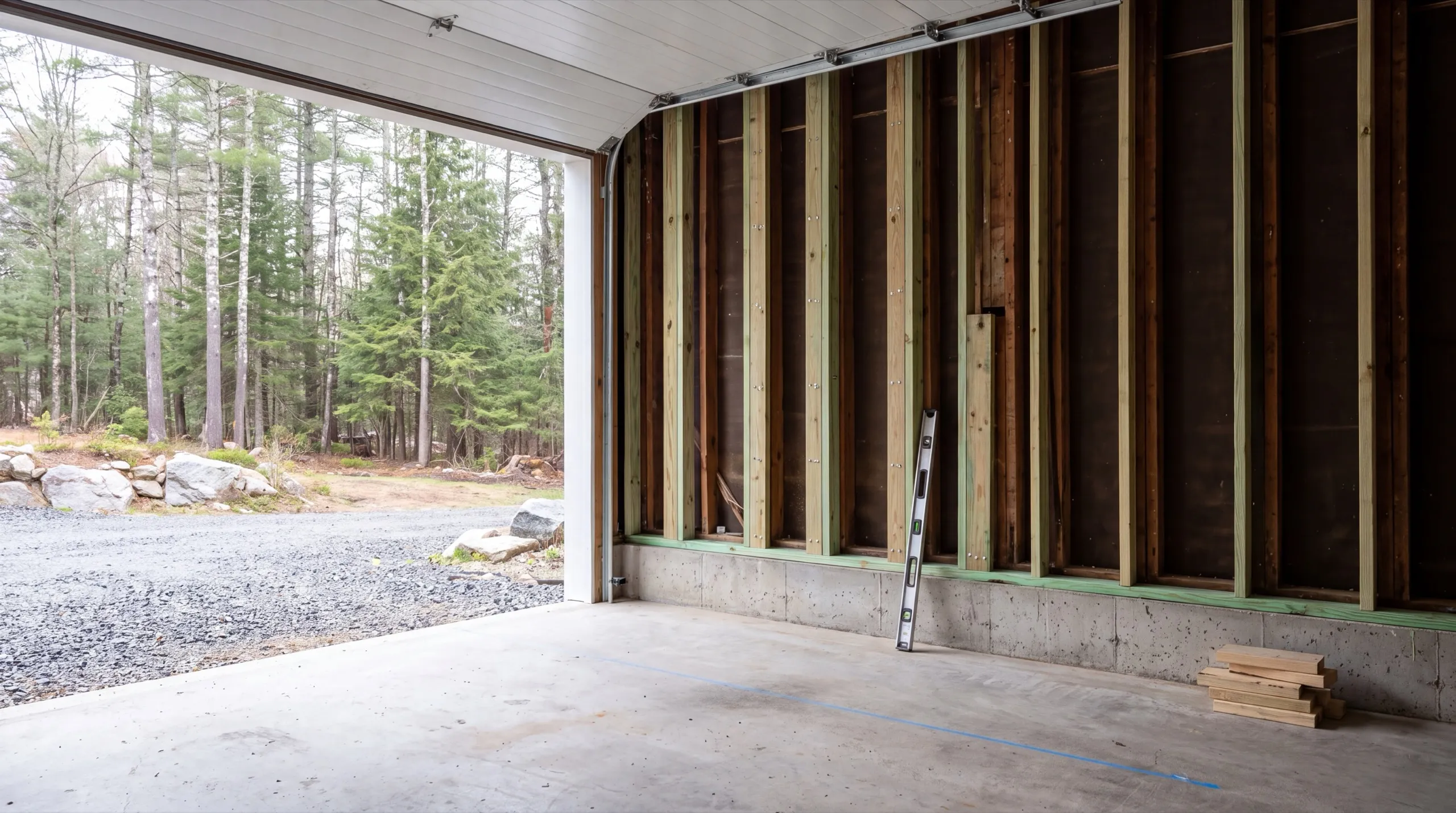 Garage remodeling West Gardiner Maine: new studs sistered along an old garage wall on a concrete foundation