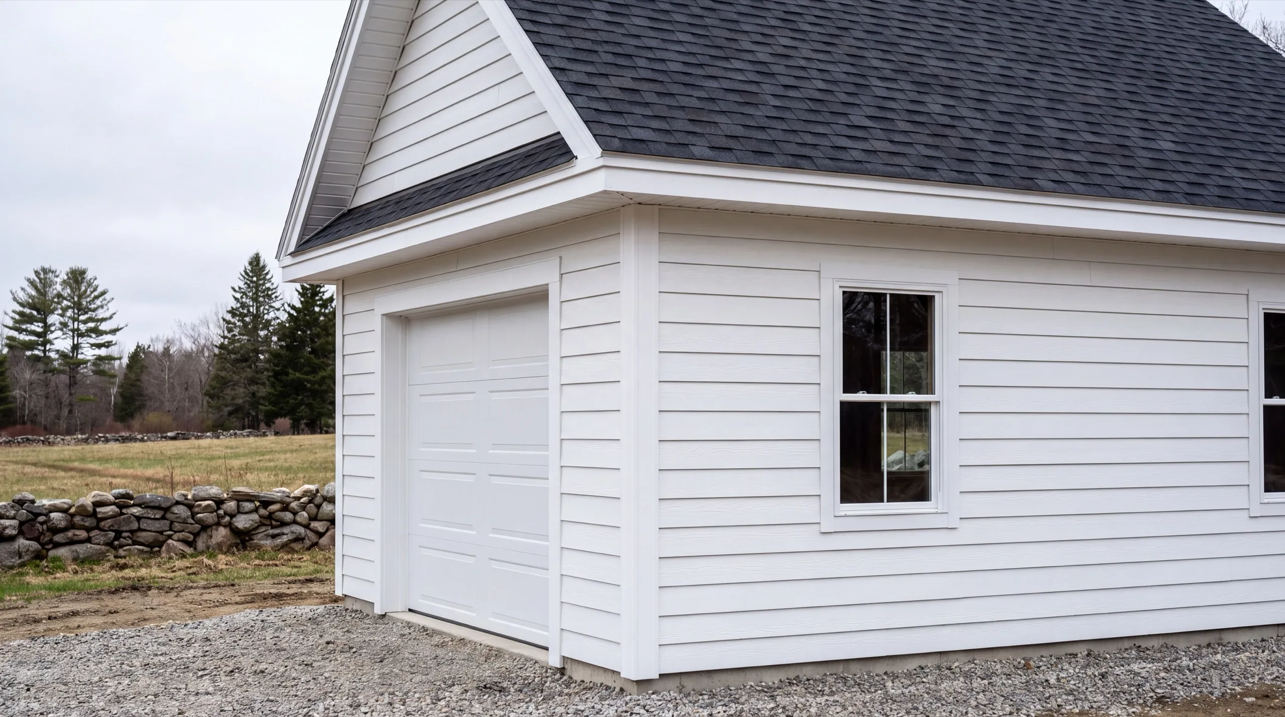 Garage remodeling Whitefield Maine: finished white one-bay detached garage with lap siding beside a stone wall and field