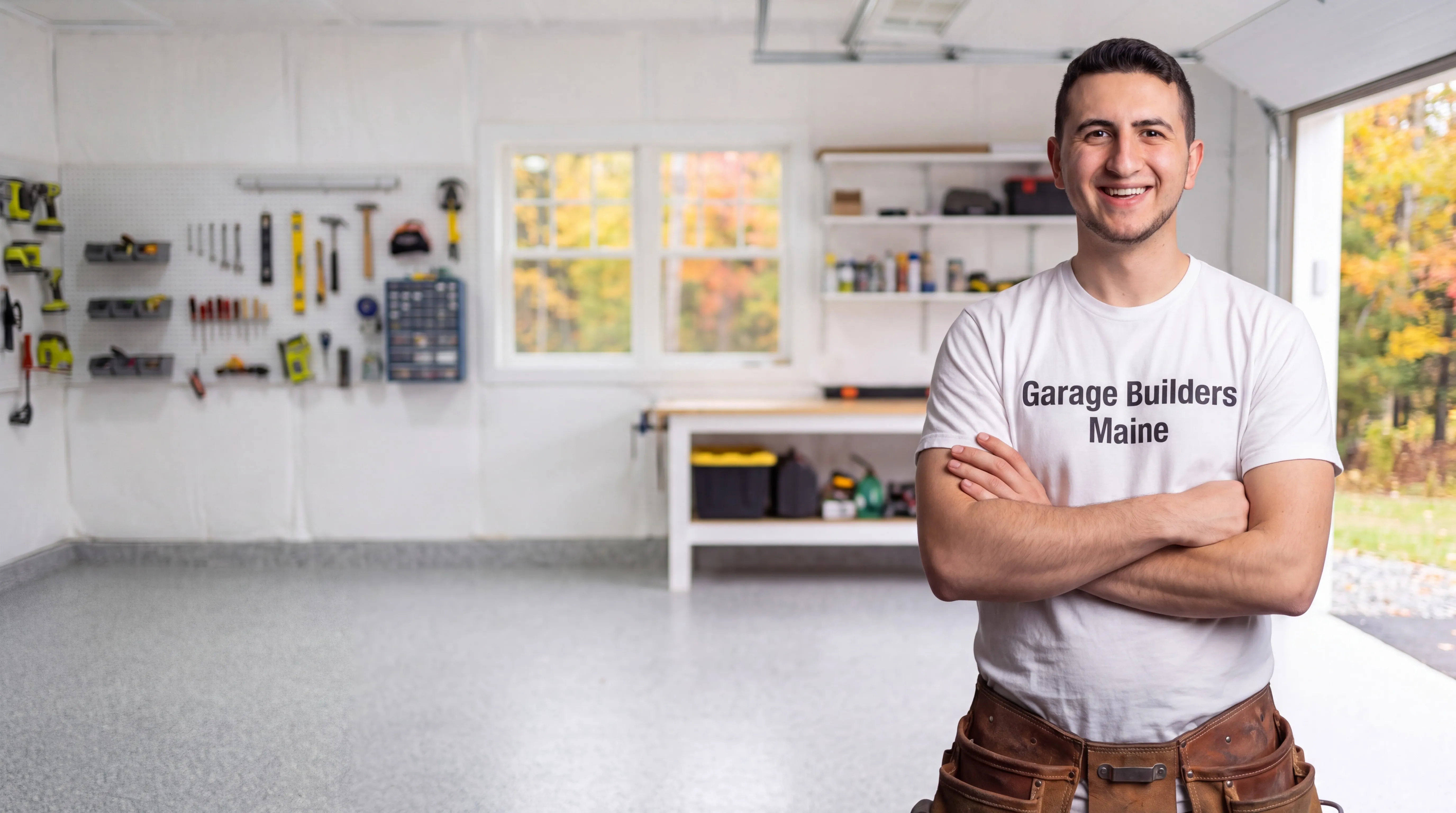 Owner of Garage Builders Maine standing with his arms crossed and smiling at a Maine job site