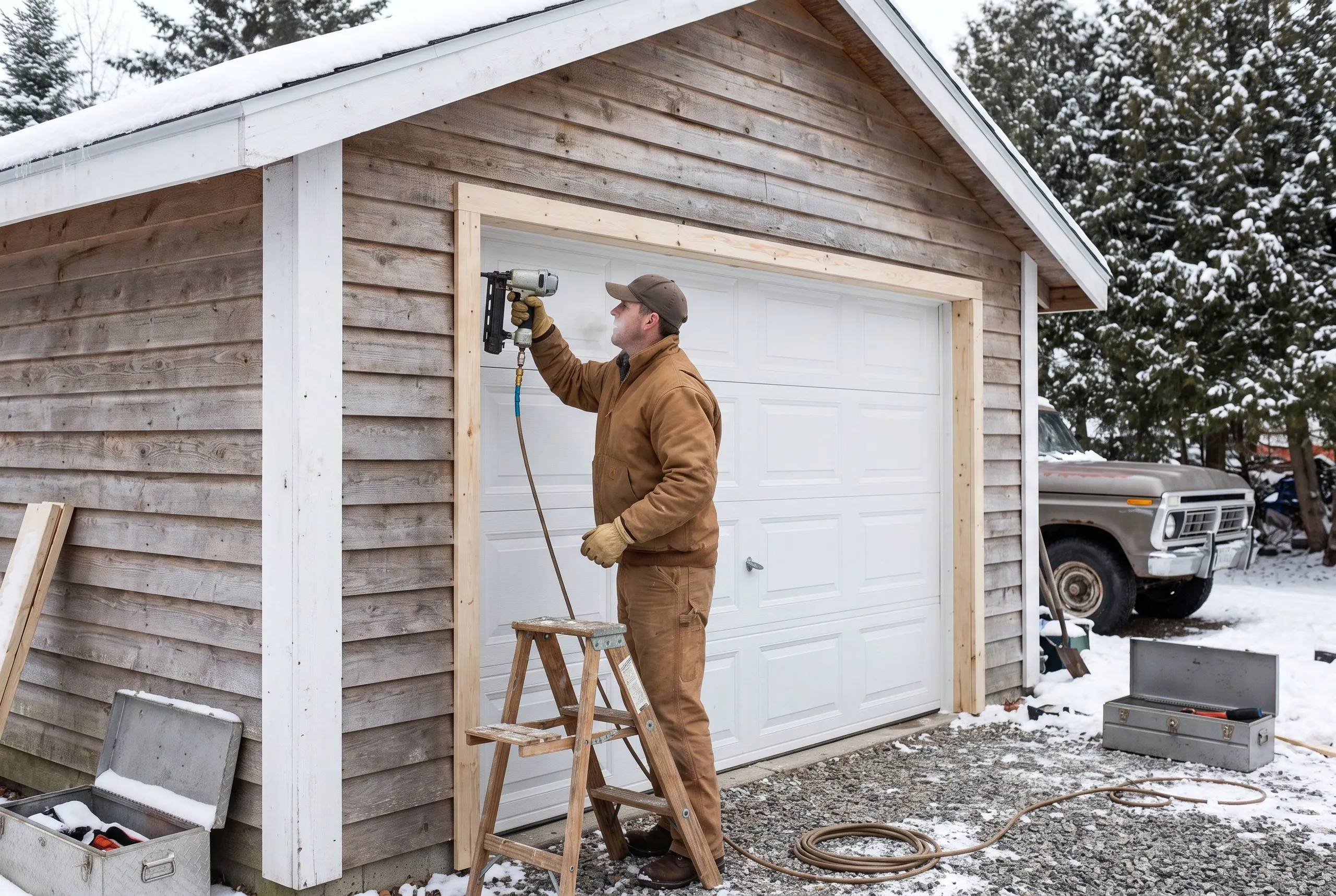 Garage remodeling Whitefield Maine: worker nails fresh trim around a white raised-panel overhead door on a board-sided garage in snow