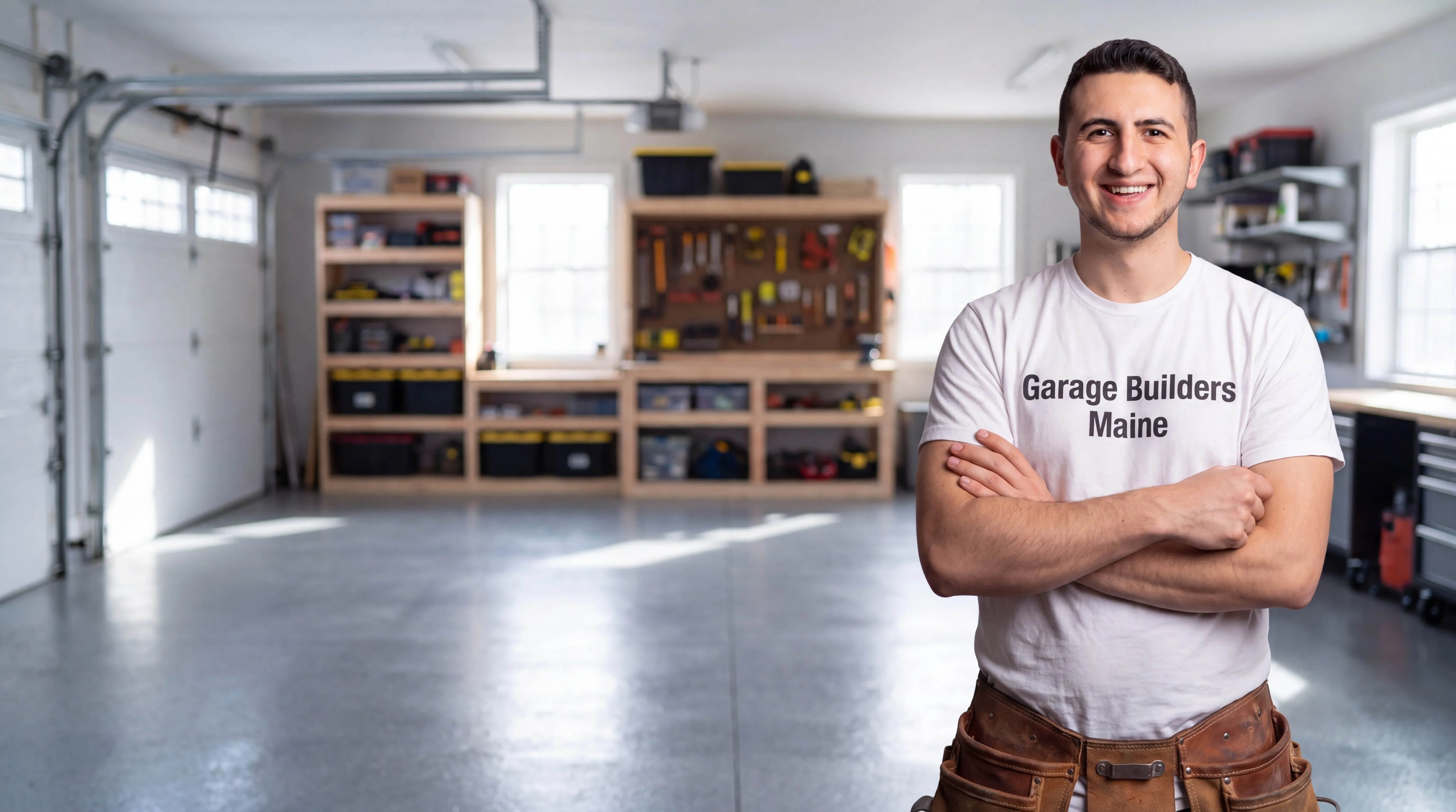 Owner of Garage Builders Maine standing with his arms crossed and smiling at a Maine job site