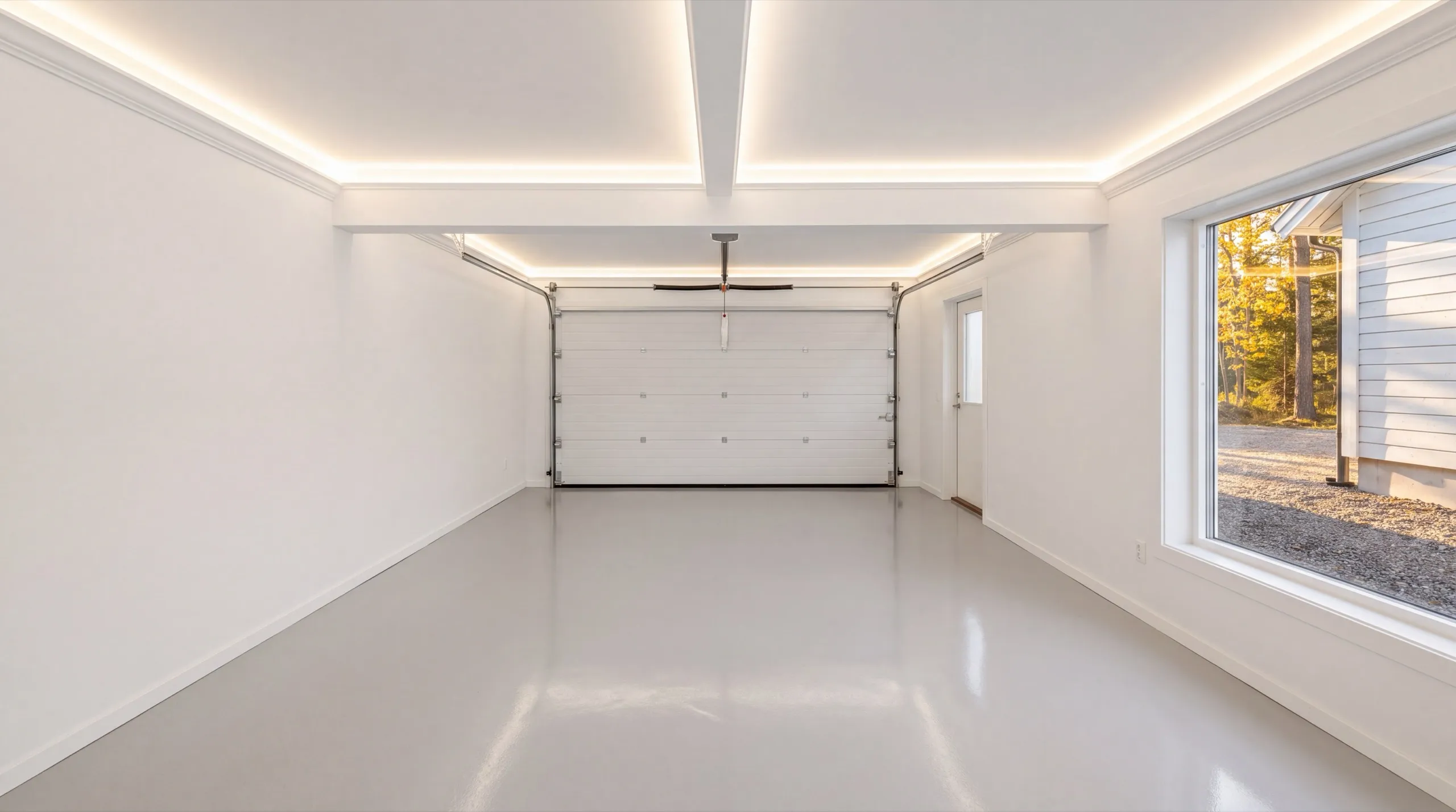 Garage remodeling in Winthrop, ME: finished garage interior with cove lighting, coated floor and a closed overhead door
