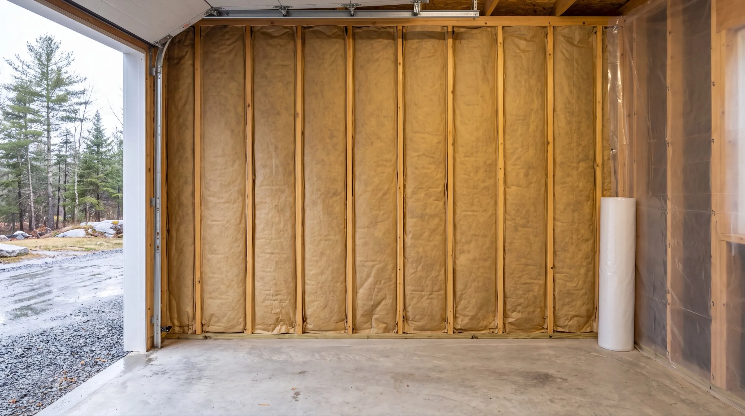 Garage renovation contractor Winthrop Maine: garage stud wall filled with faced insulation batts beside an open overhead door