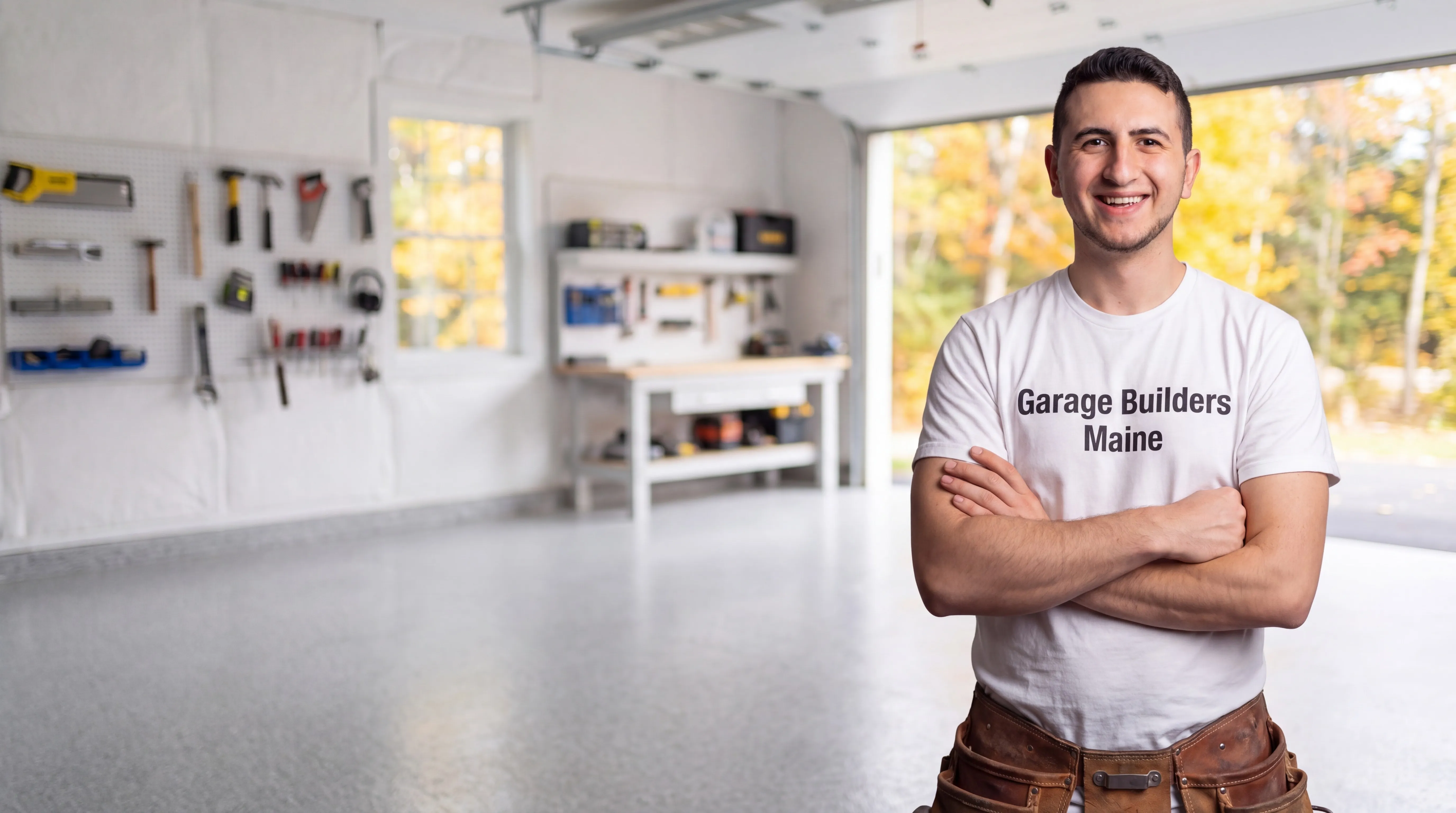 Owner of Garage Builders Maine standing with his arms crossed and smiling at a Maine job site