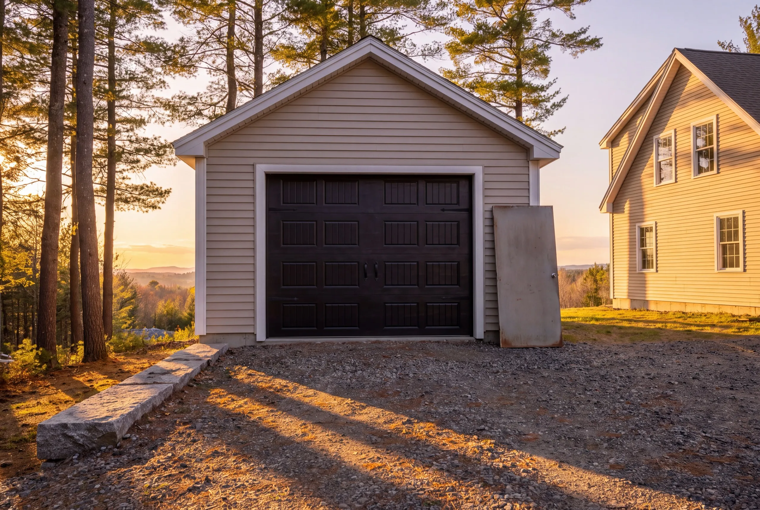 Garage remodeling Winthrop Maine: one-bay garage with a new dark carriage-style door, old door leaning beside it