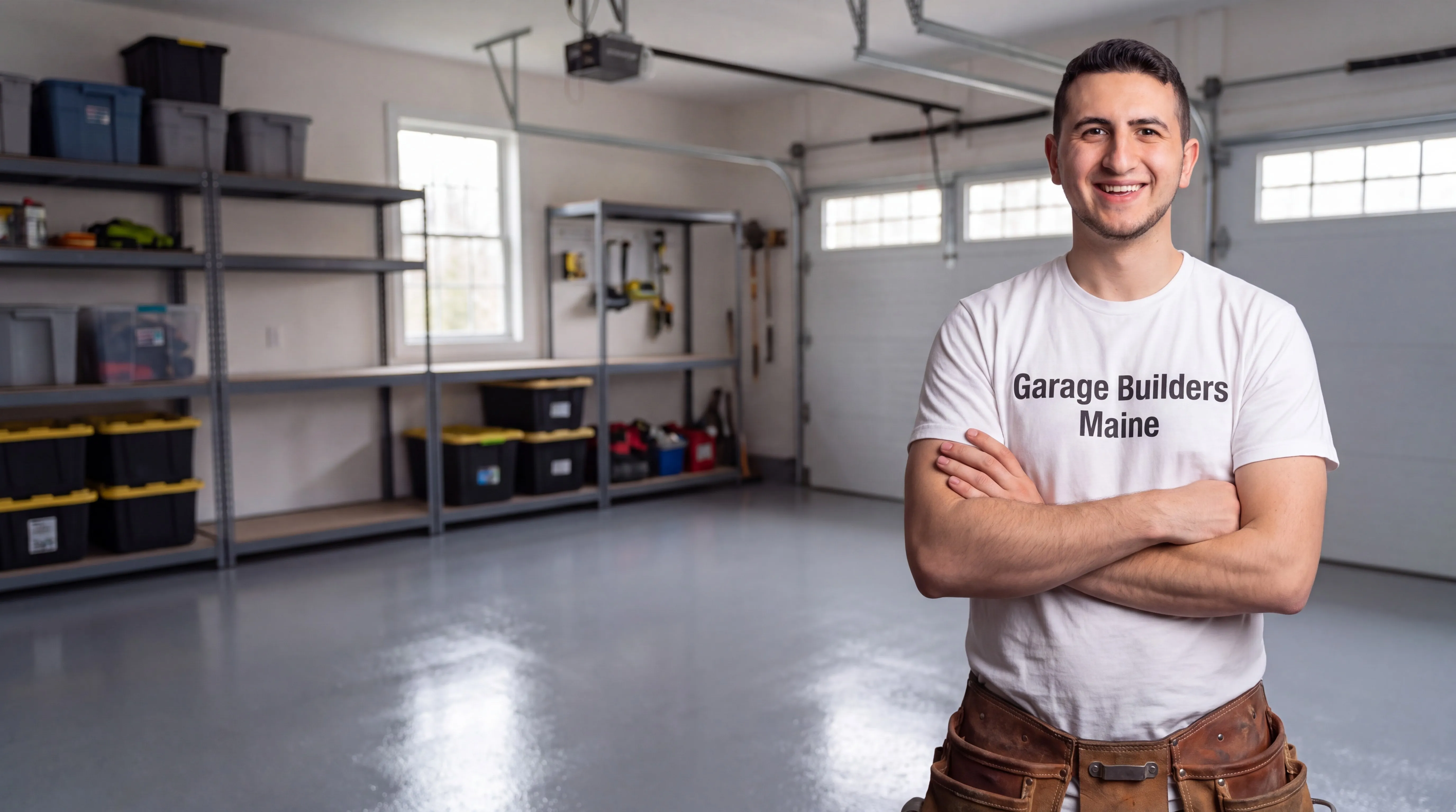 Garage remodeling Wiscasset Maine: owner with arms crossed in a finished garage with storage shelves and bins
