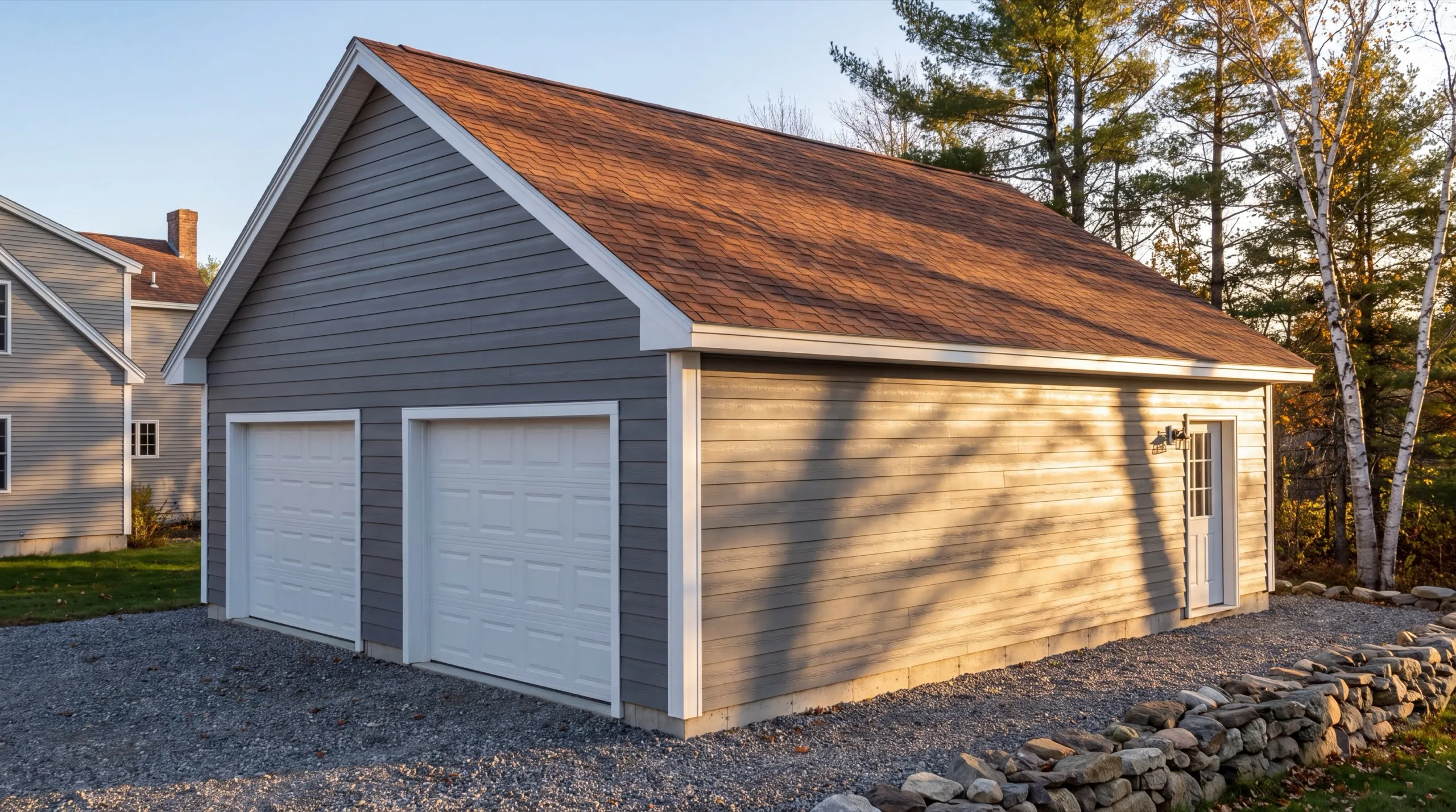 Garage renovation contractor Wiscasset Maine: finished gray two-bay detached garage with lap siding and white doors
