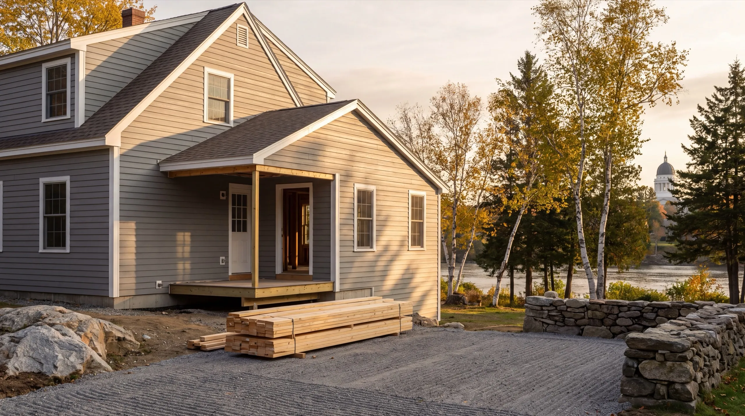 general contractor in Augusta, ME reviewing plans on site