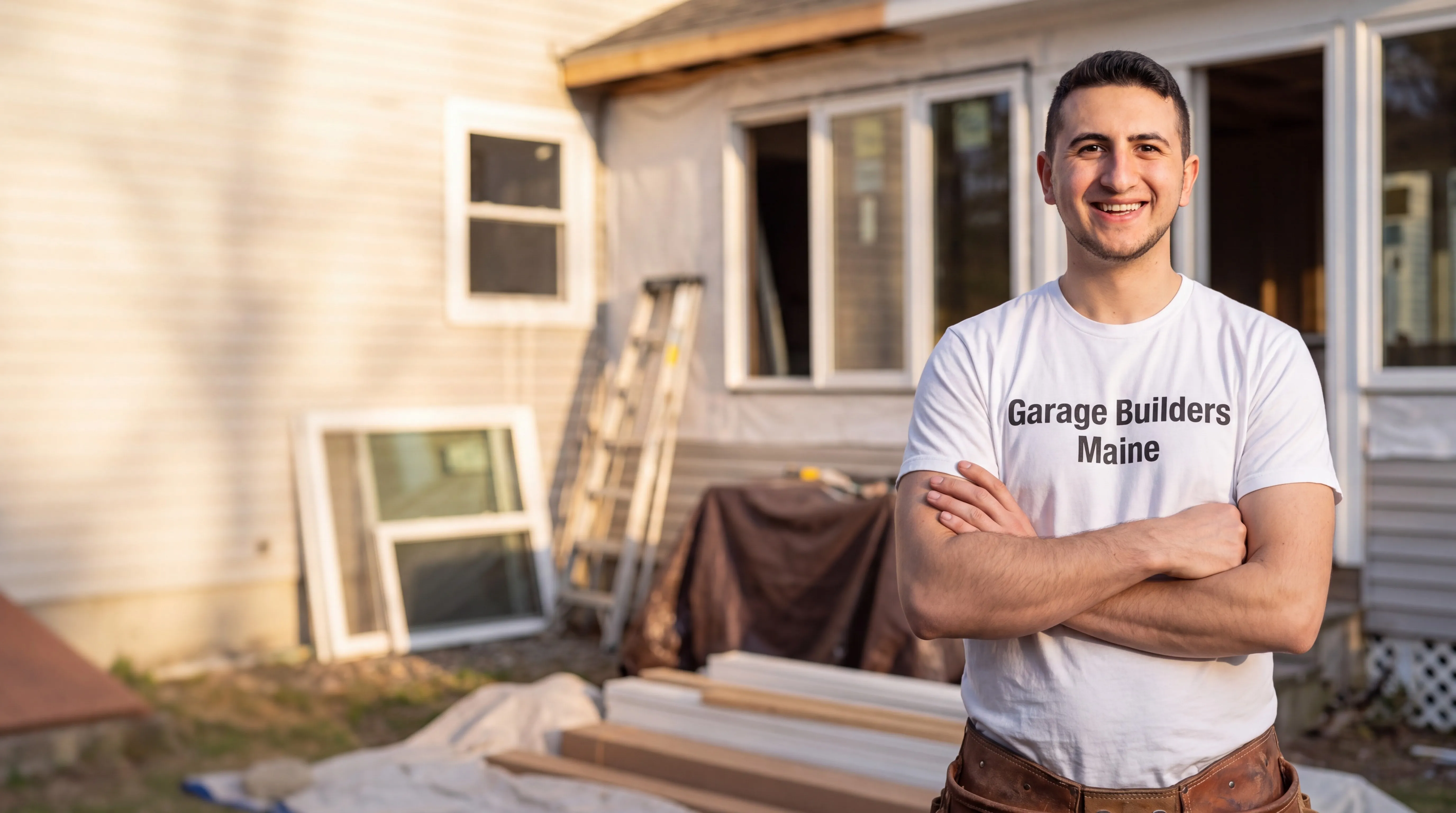 Owner of Garage Builders Maine standing with his arms crossed and smiling at a Maine job site