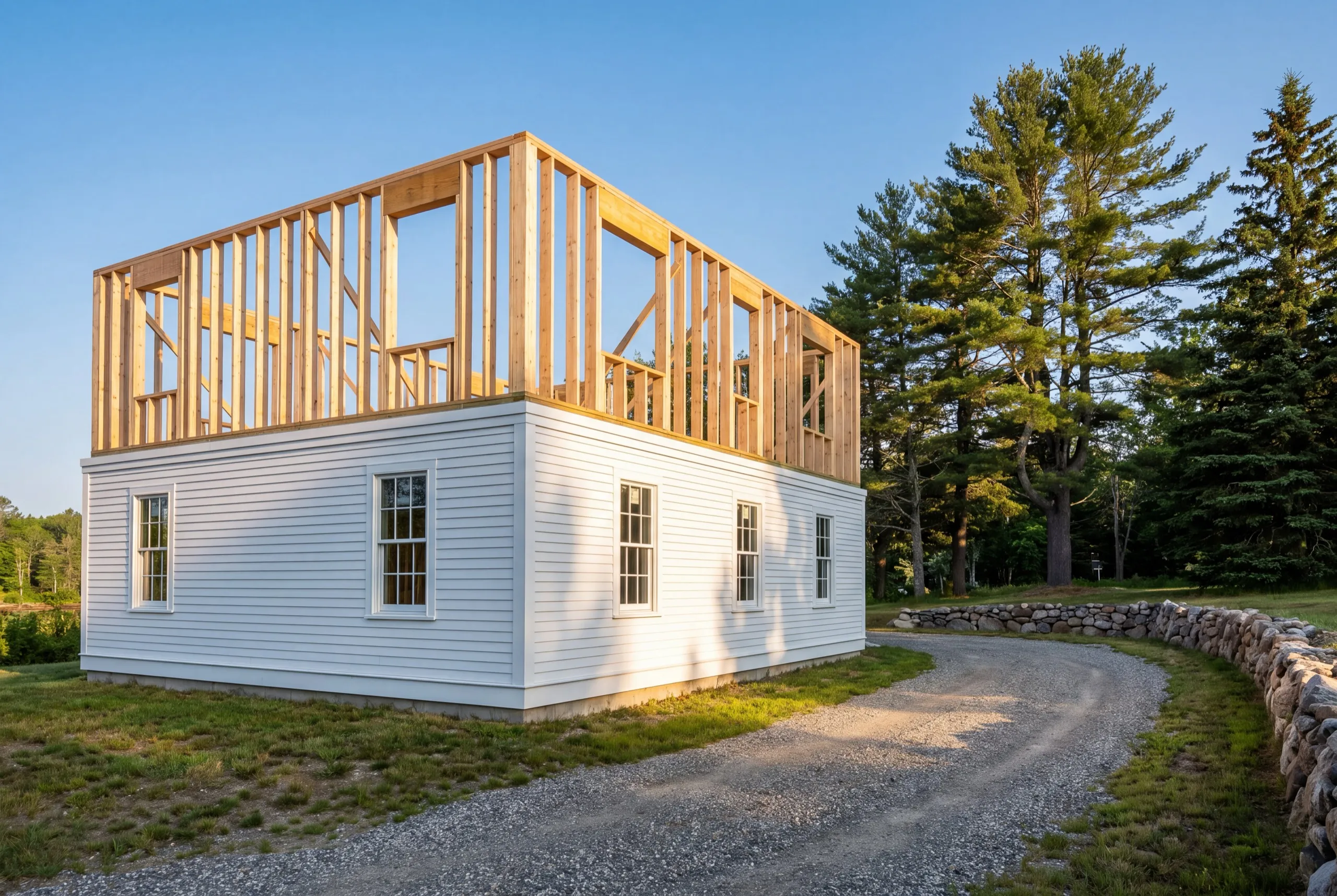 General contractor Augusta Maine: second-story wall framing standing on a white one-story house, roof off