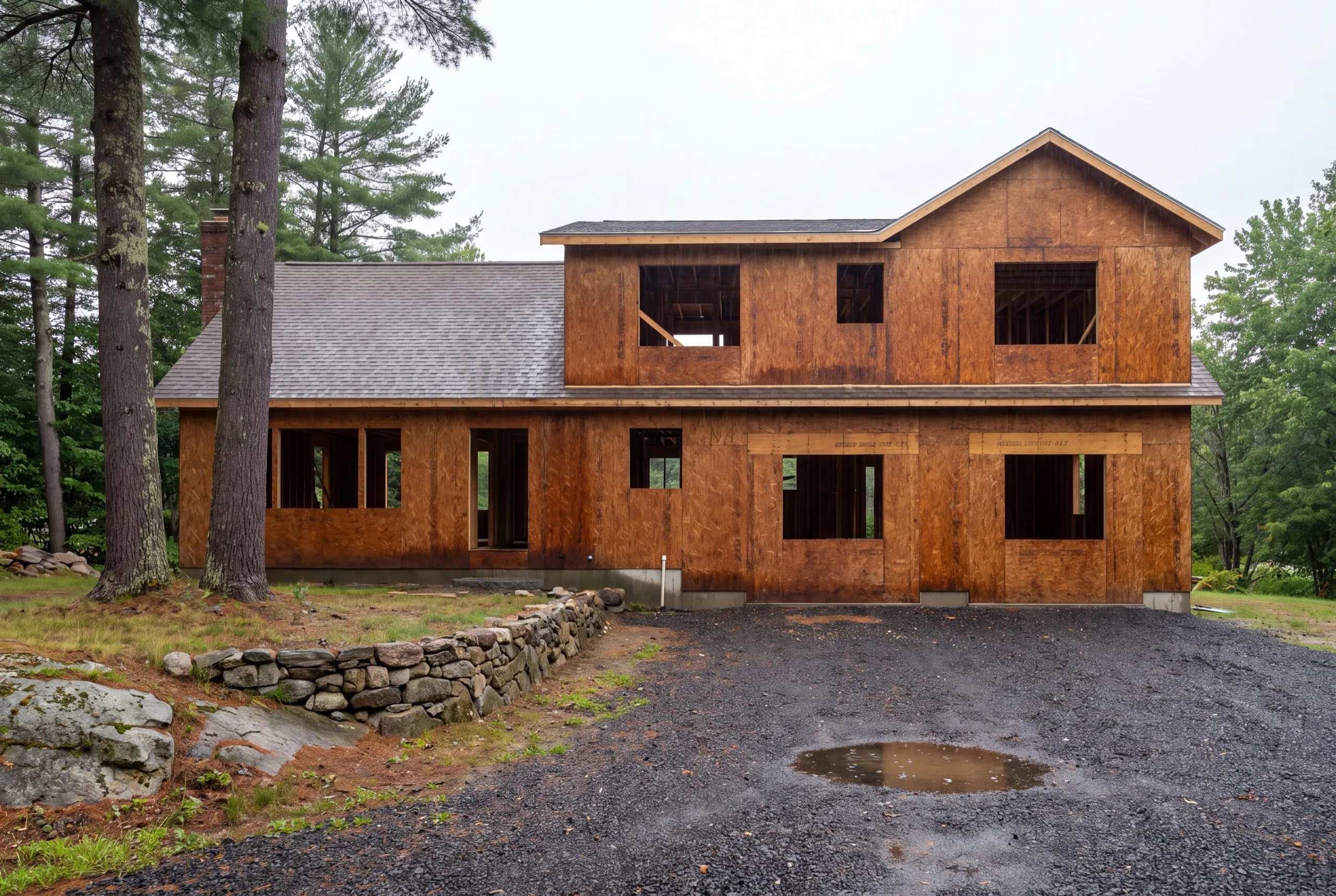 Residential general contractor Augusta Maine: house sheathed in plywood with a new second story framed over the right side