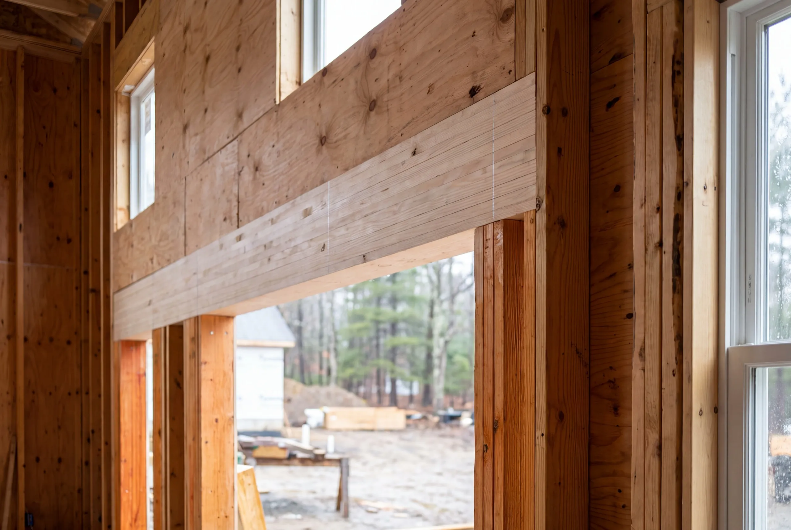 Construction company Augusta Maine: new laminated beam over a wide opening in a plywood sheathed wall