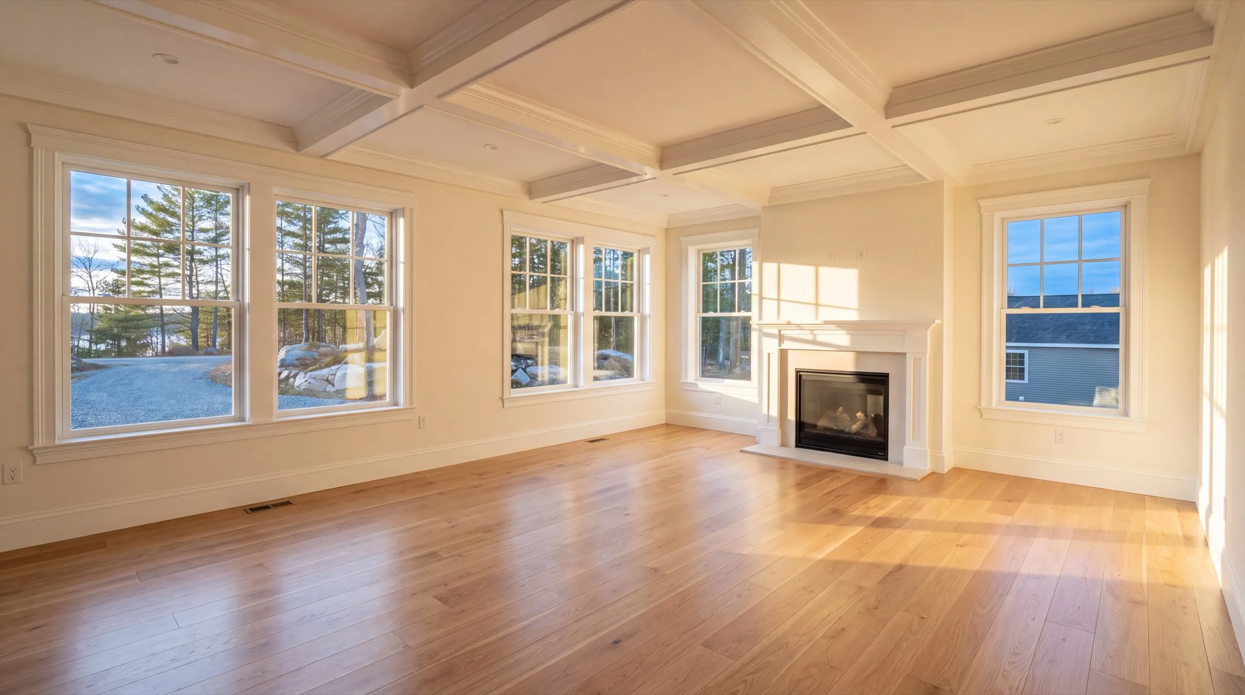 Residential general contractor Augusta Maine: finished living room with coffered ceiling, fireplace and wide plank wood floor