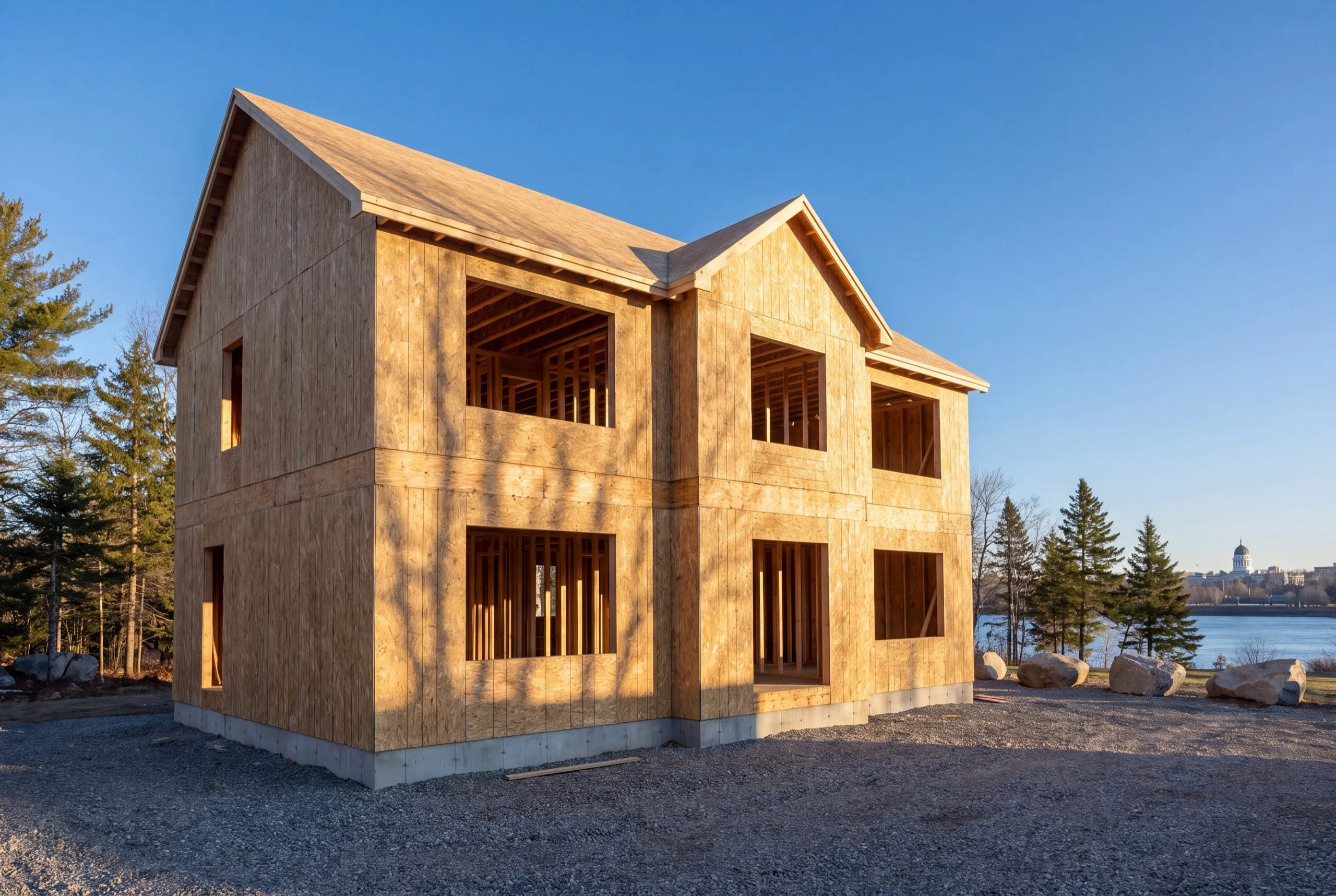 Residential general contractor Augusta Maine: new two-story house shell sheathed in plywood with open window holes