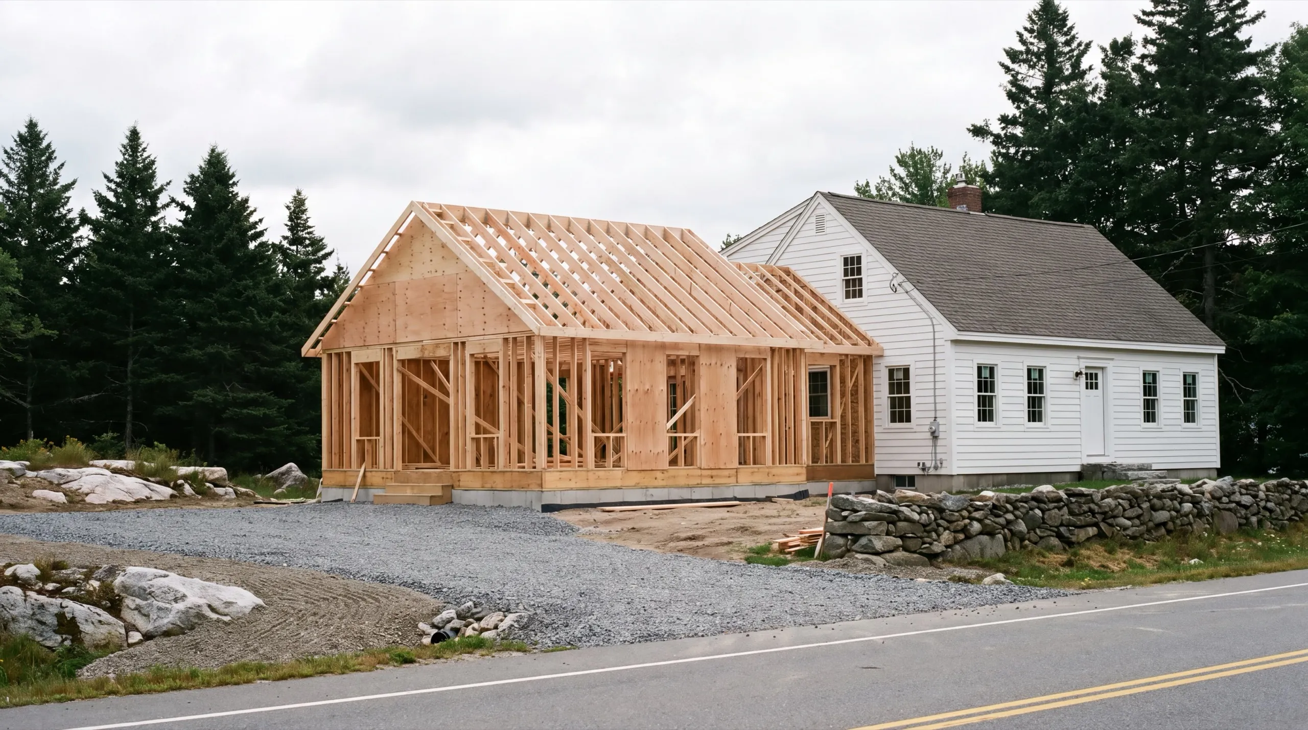 general contractor in Chelsea, ME reviewing plans on a rural property