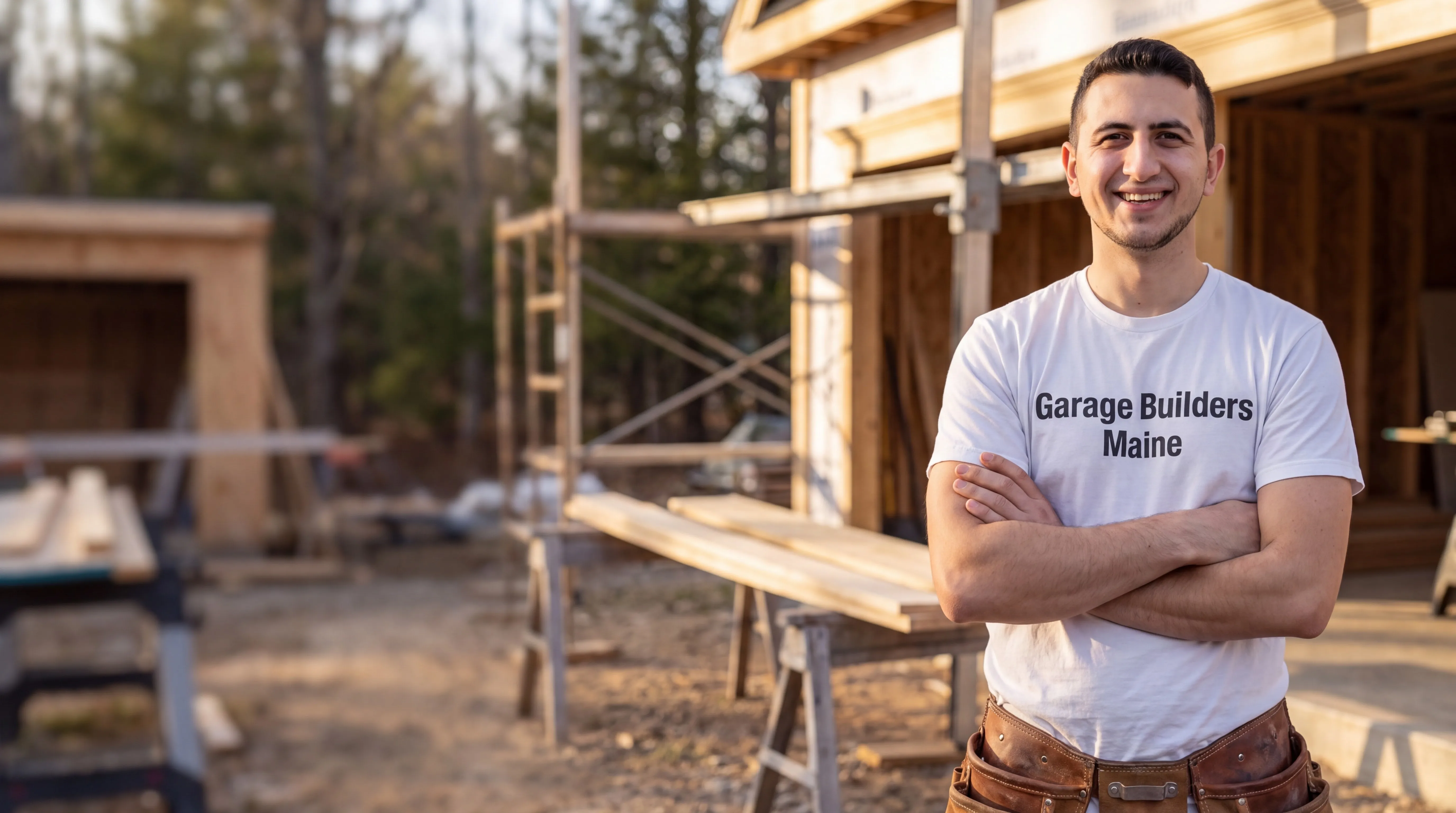 Owner of Garage Builders Maine standing with his arms crossed and smiling at a Maine job site
