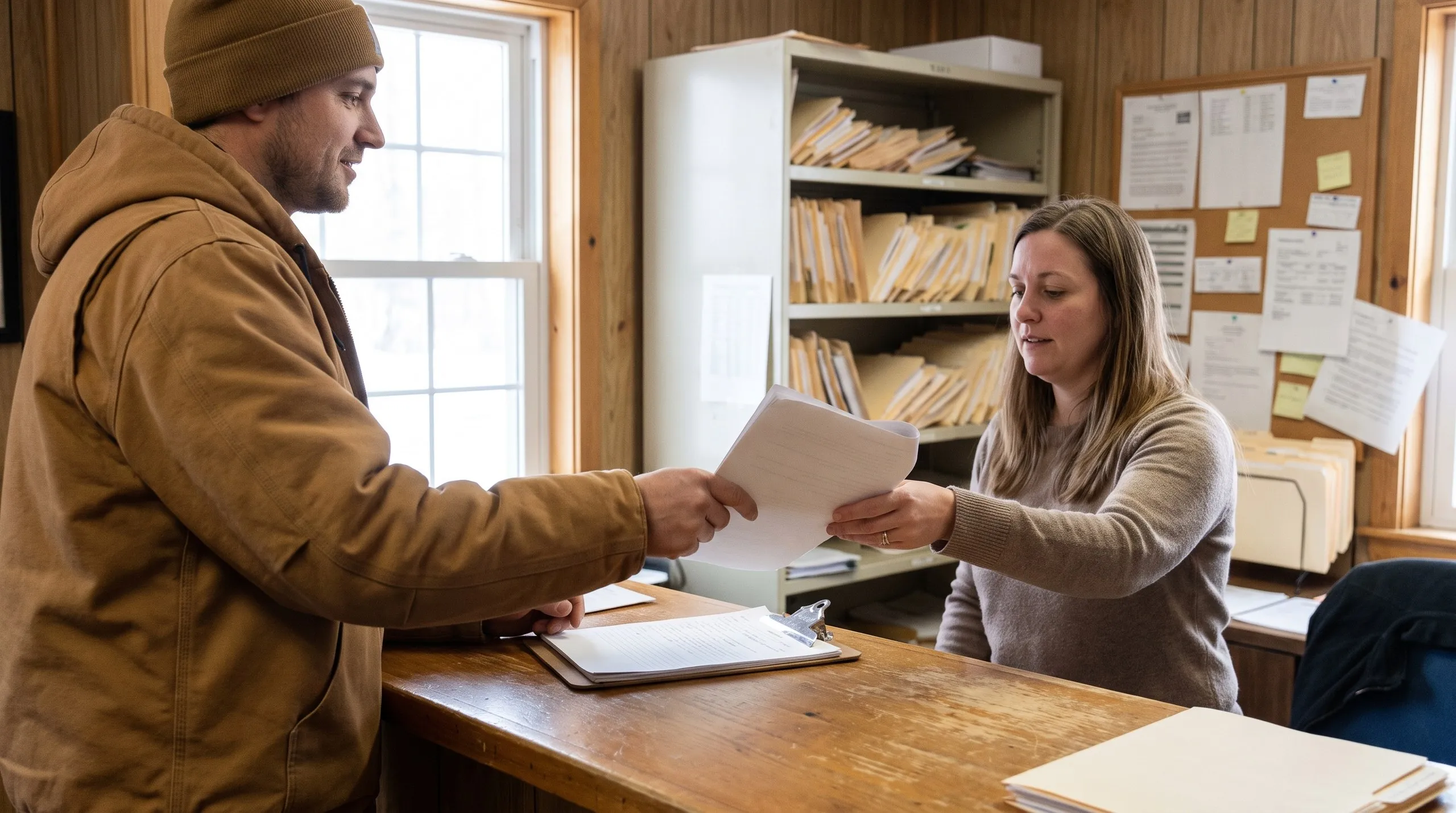 Construction company Chelsea Maine: man in a work jacket and beanie handing papers to a clerk across a wooden office counter