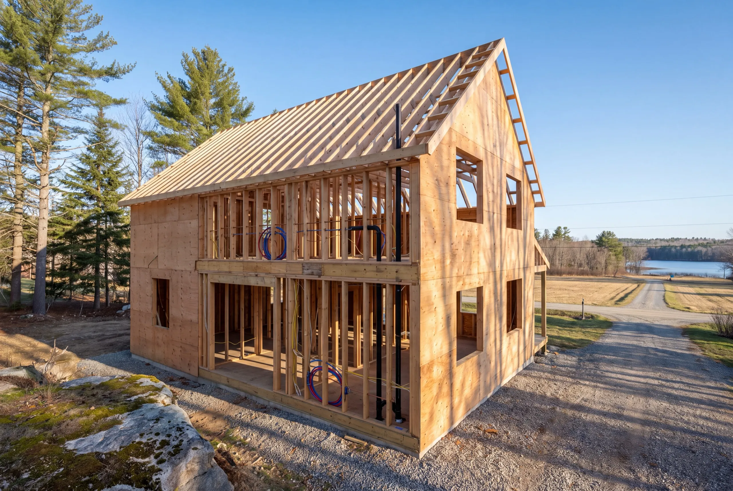 Construction company Chelsea Maine: new two-story house frame with rafters set and plumbing and wiring runs inside