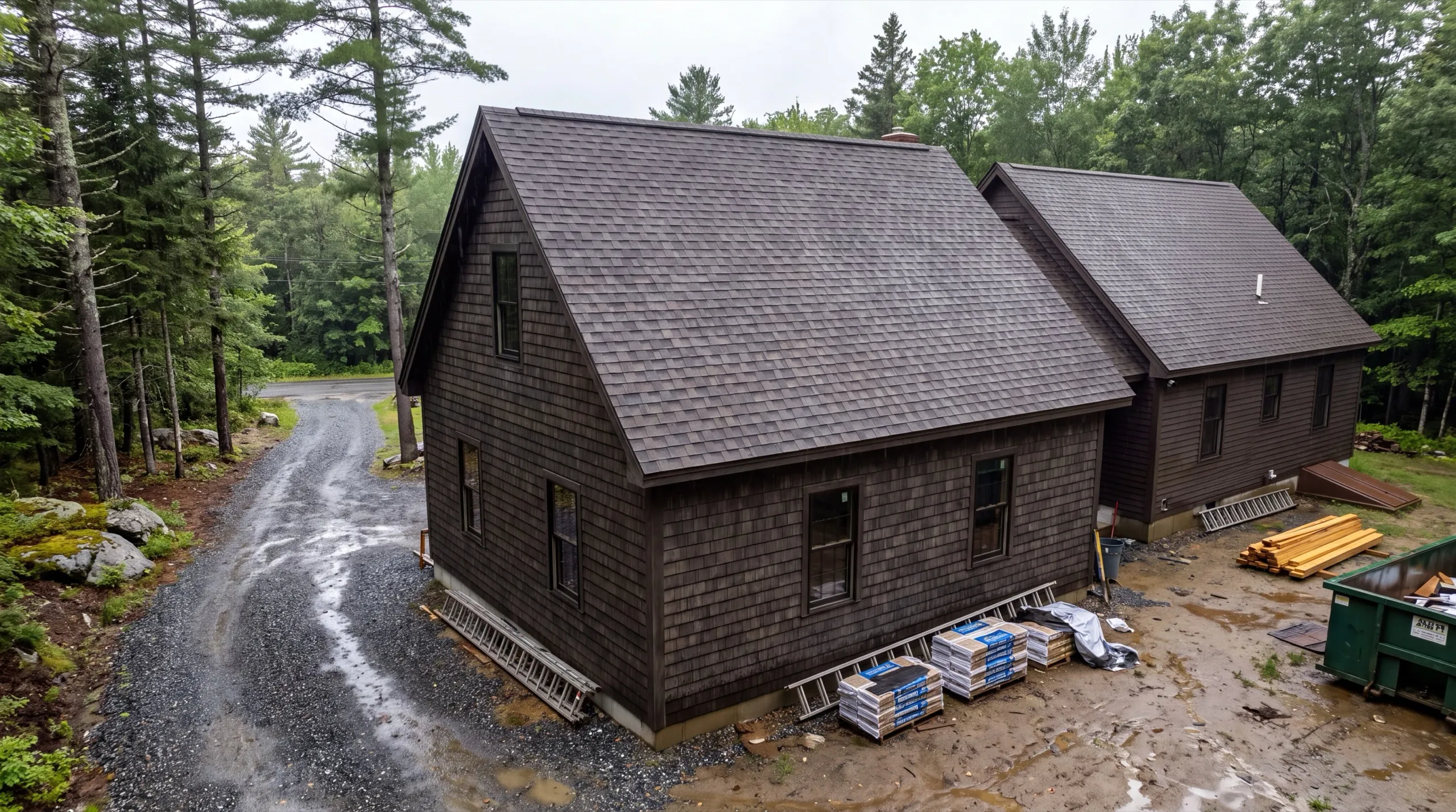 general contractor in Dresden, ME reviewing plans on a wooded lot