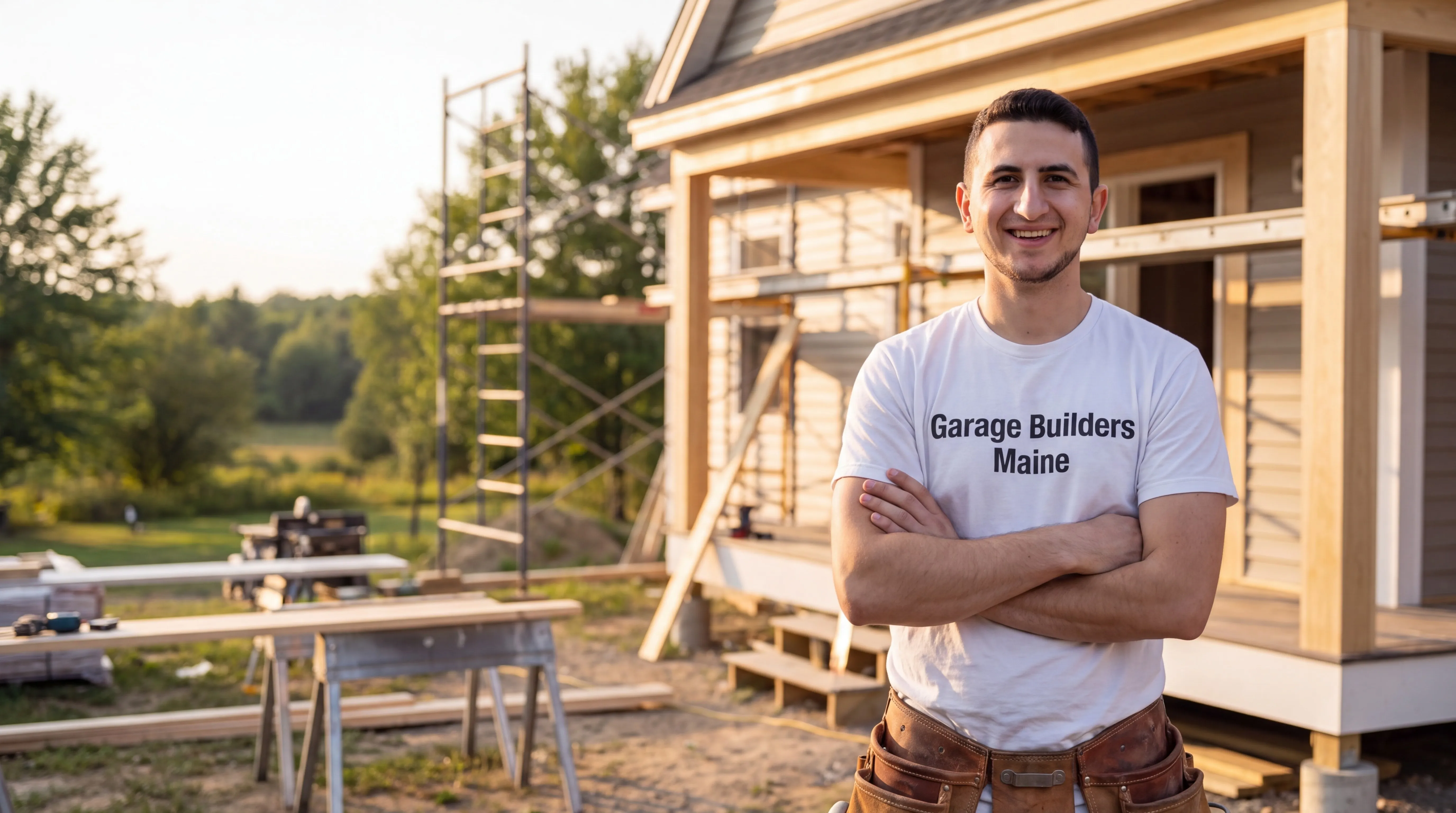 General contractor Dresden Maine: owner with arms crossed at a house porch build with scaffolding and sawhorses