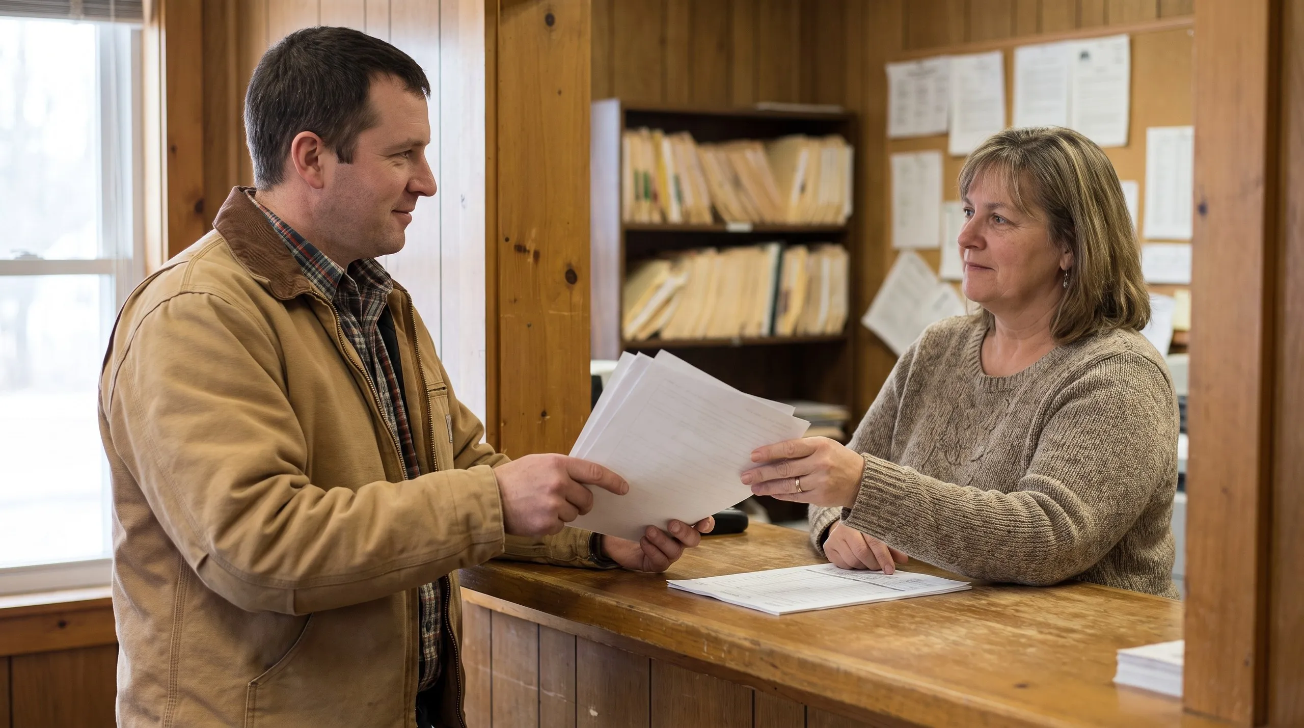 Construction company Dresden Maine: man in a canvas work jacket handing a stack of papers to a clerk at a wooden counter