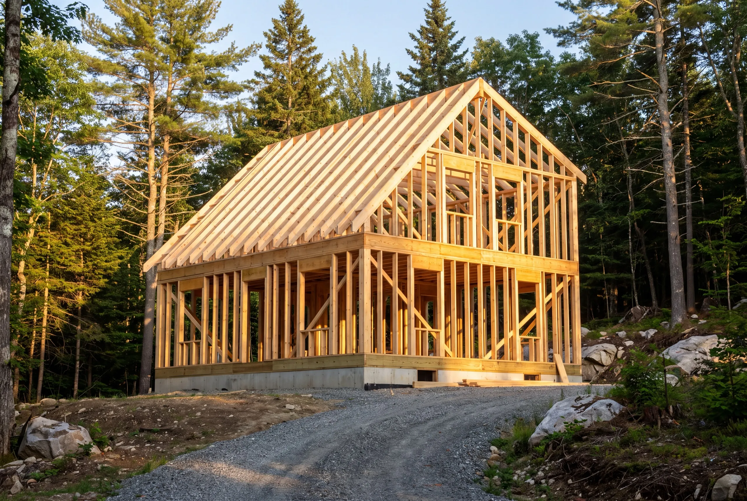 Residential general contractor Dresden Maine: new two-story house frame with rafters set on a foundation in the woods